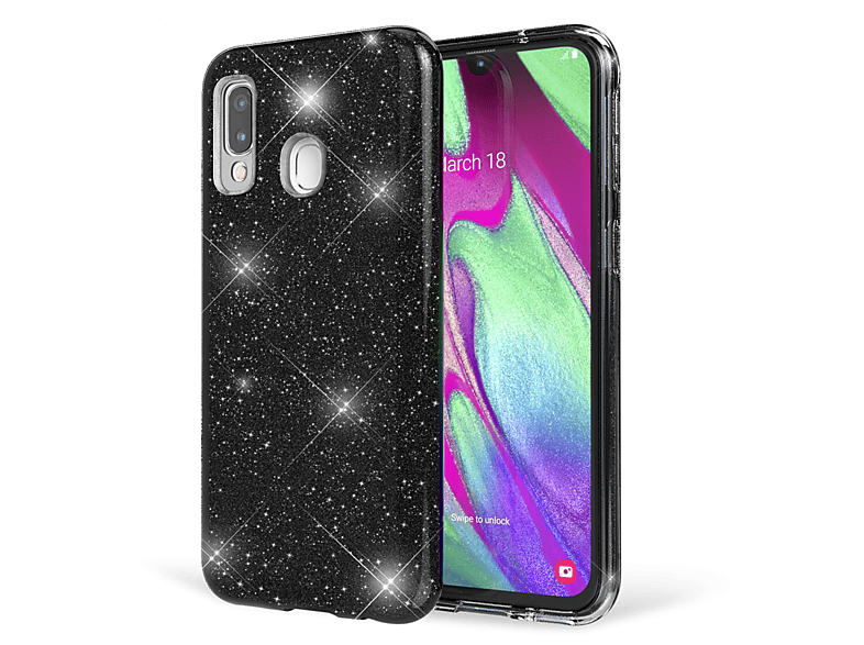 A40, Glitzer Galaxy Samsung, Backcover, Schwarz Hülle, NALIA