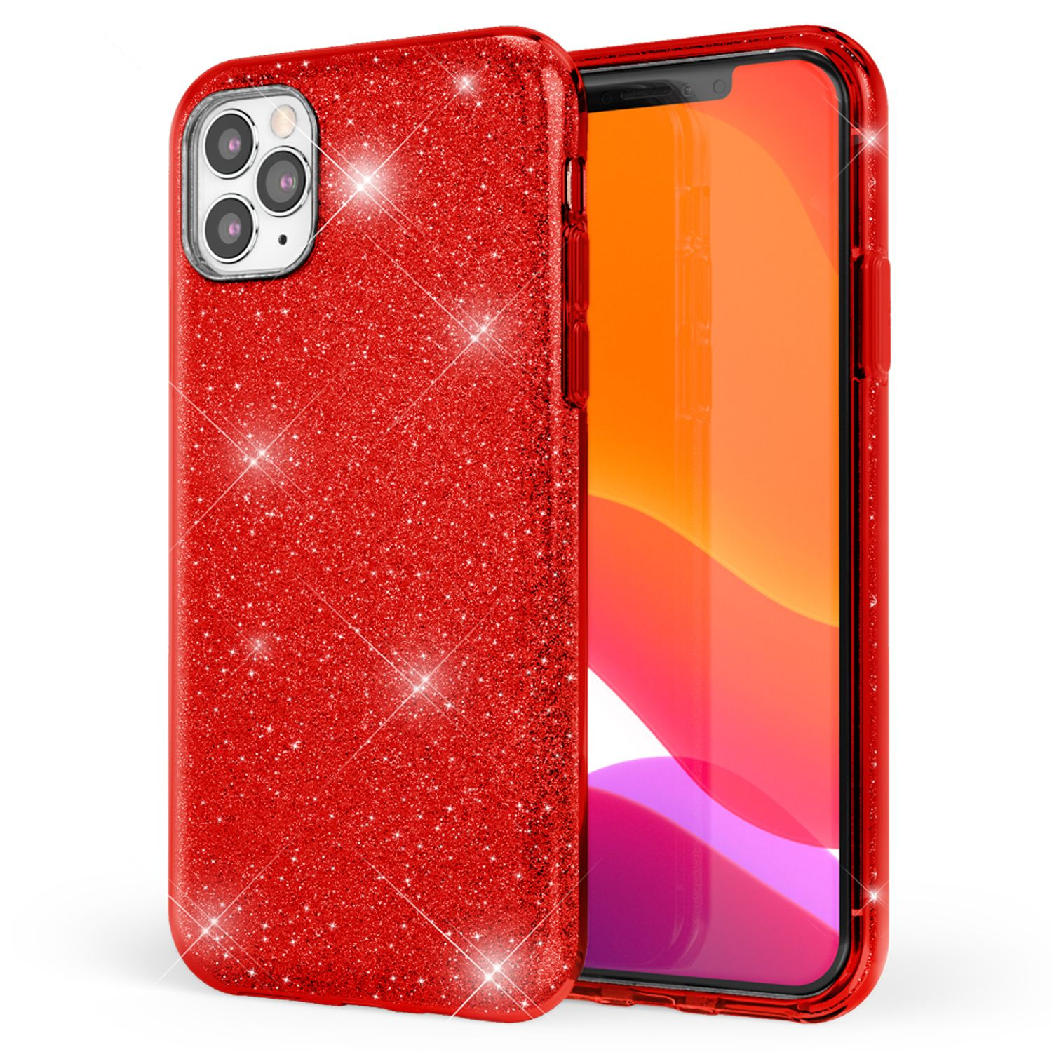 Funda roja con purpurina para teléfono con un iPhone. Fondo blanco.