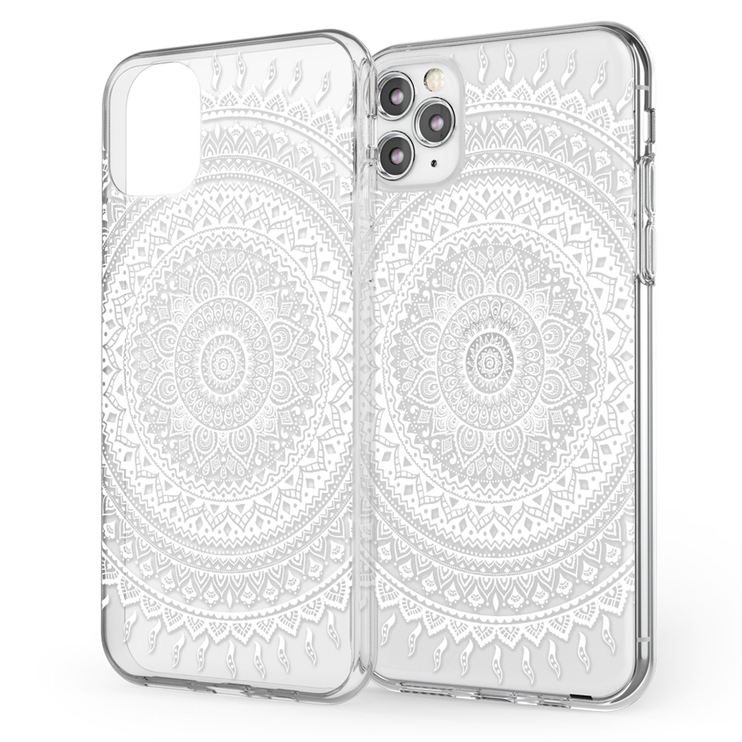 Transparente Handyhülle mit weißem Mandala-Design. Die Hülle bedeckt die Rückseite und die Ränder des Telefons.