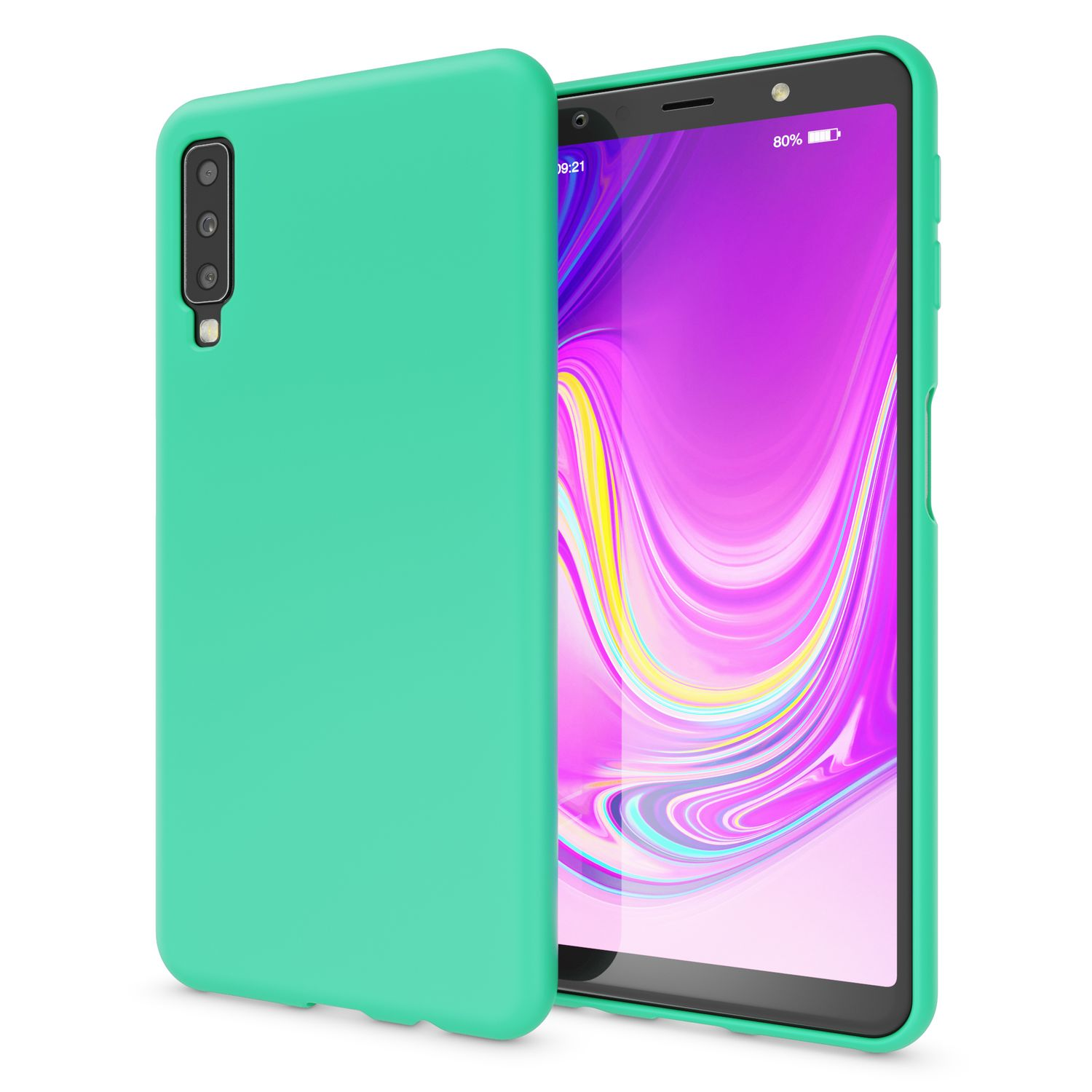 Eine türkisgrüne Telefonhülle, geöffnet, zeigt einen lila Telefonbildschirm. Das Telefon hat eine Kamera und ist weiß.