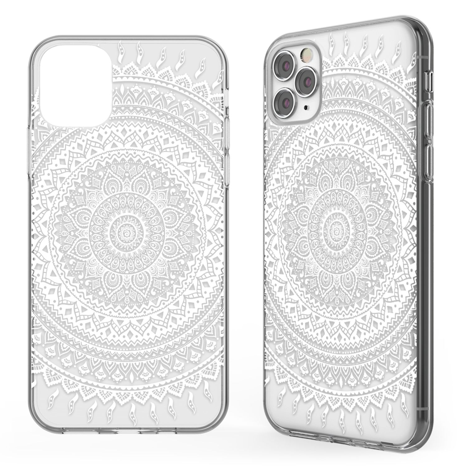 Klare Handyhüllen mit weißem Mandala-Design. Die Hüllen liegen auf weißem Untergrund.