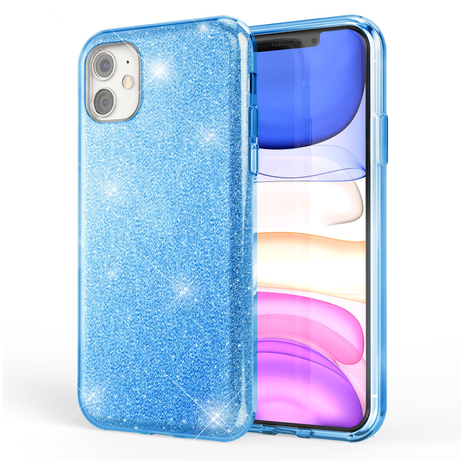 Funda de teléfono azul brillante. Un teléfono dentro, su pantalla visible con una interfaz azul.