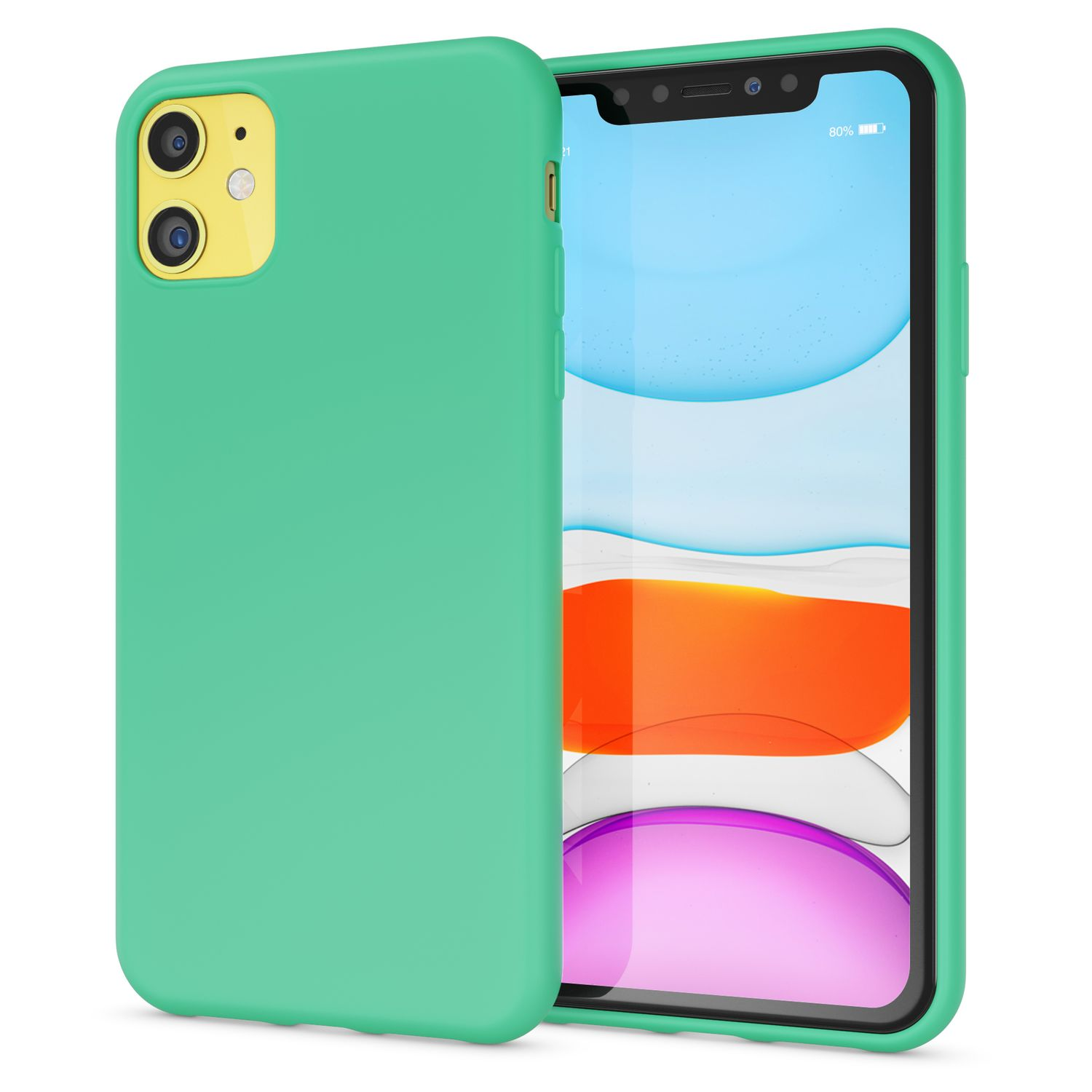 Grüne Handyhülle auf einem Telefon mit grünem Bildschirm und gelbem Kamerabereich.