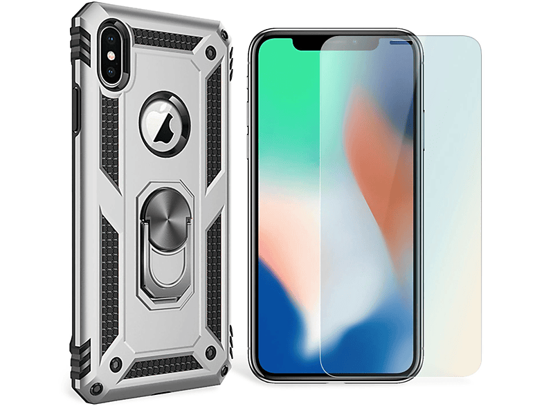 NALIA Stoßfeste Military-Style Ring Hülle, Backcover, Apple, iPhone X iPhone XS, Silber
