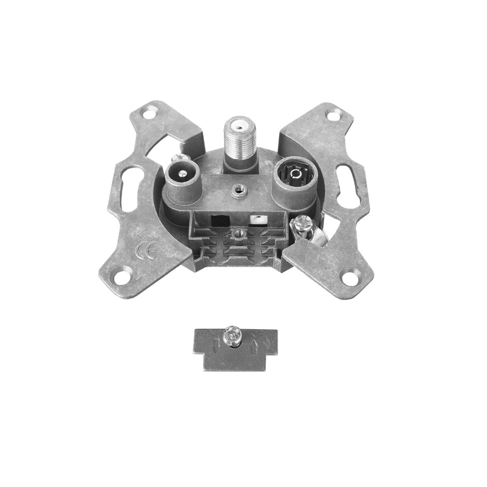 Eine Metallbox mit Anschlüssen. Sie hat Schraubenlöcher und einen Anschluss für ein Kabel.
