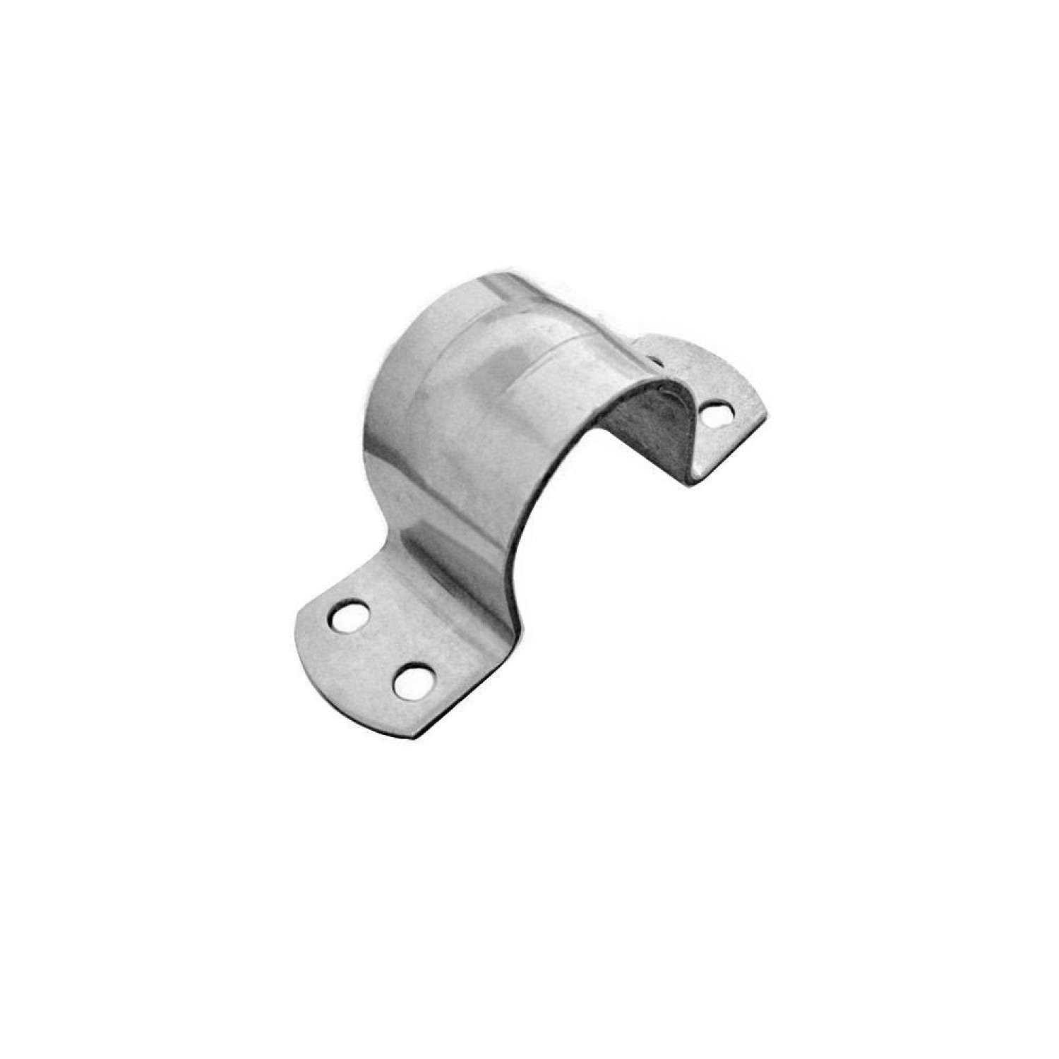 Eine glänzende, silberne Metallrohrschelle. Die Schelle befindet sich auf weißem Hintergrund und zeigt ihre Form und Schraubenlöcher.