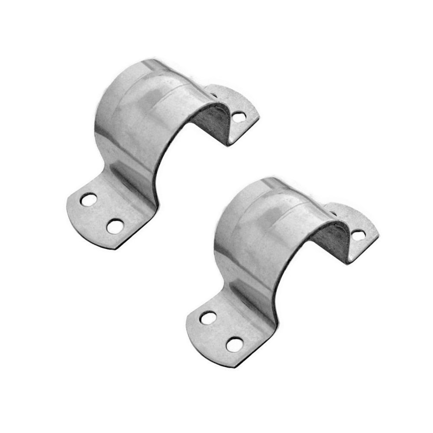 Zwei Metall-Rohrschellen, glänzend, mit Schraubenlöchern, vor weißem Hintergrund.