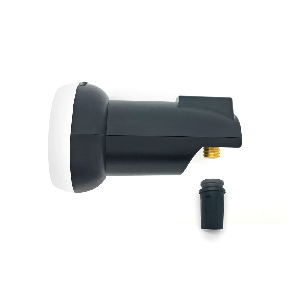 Ein Satelliten-LNB mit grauem Gehäuse, weißer Front und einem Anschluss.