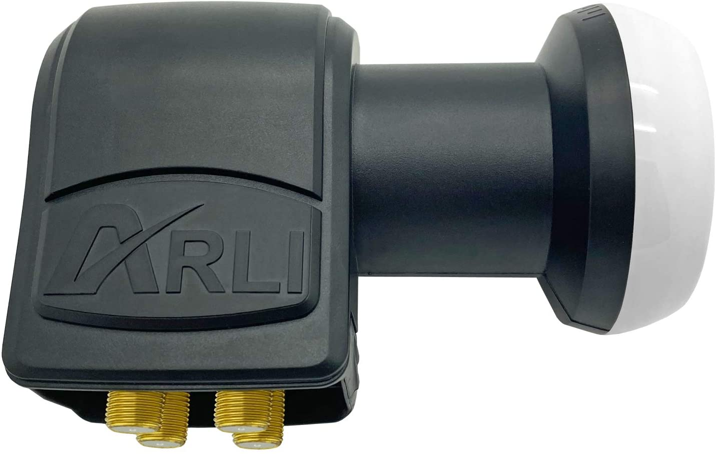 Ein schwarz-weißes Gerät mit dem Wort „XRLI“ wird gezeigt. Es hat zwei goldene Anschlüsse und einen weißen Kopf.