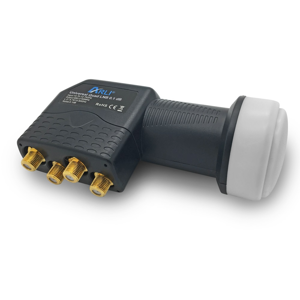 Universal Quad LNB, schwarz und grau, mit mehreren goldenen Anschlüssen und einem weißen Kopf.
