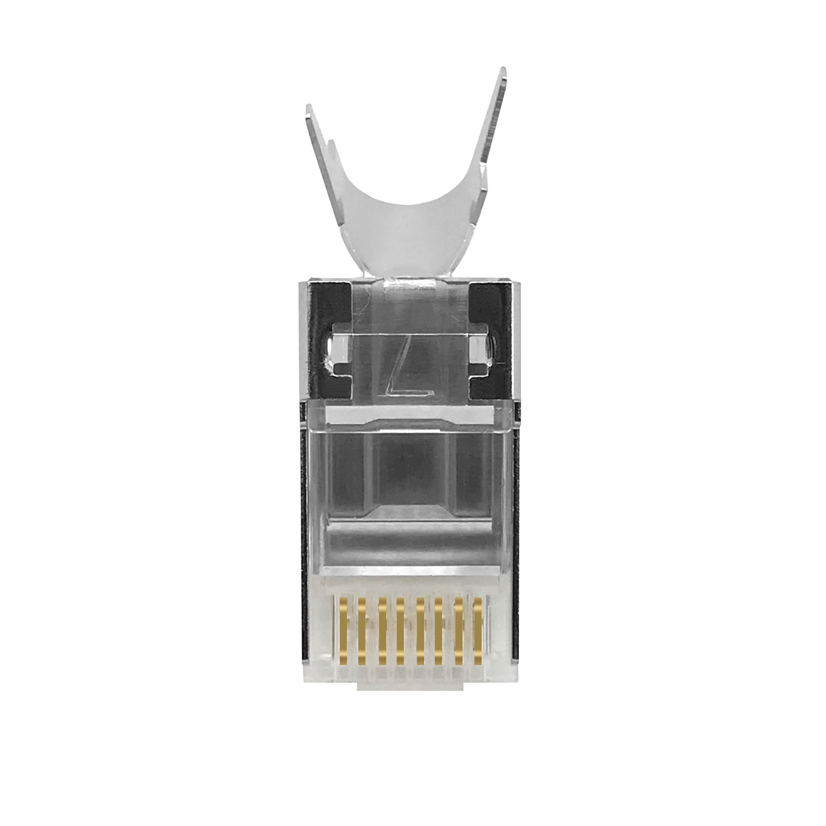 RJ45-Stecker Nahaufnahme. Klares Kunststoffgehäuse, goldene Pins und ein Clip. Weißer Hintergrund.