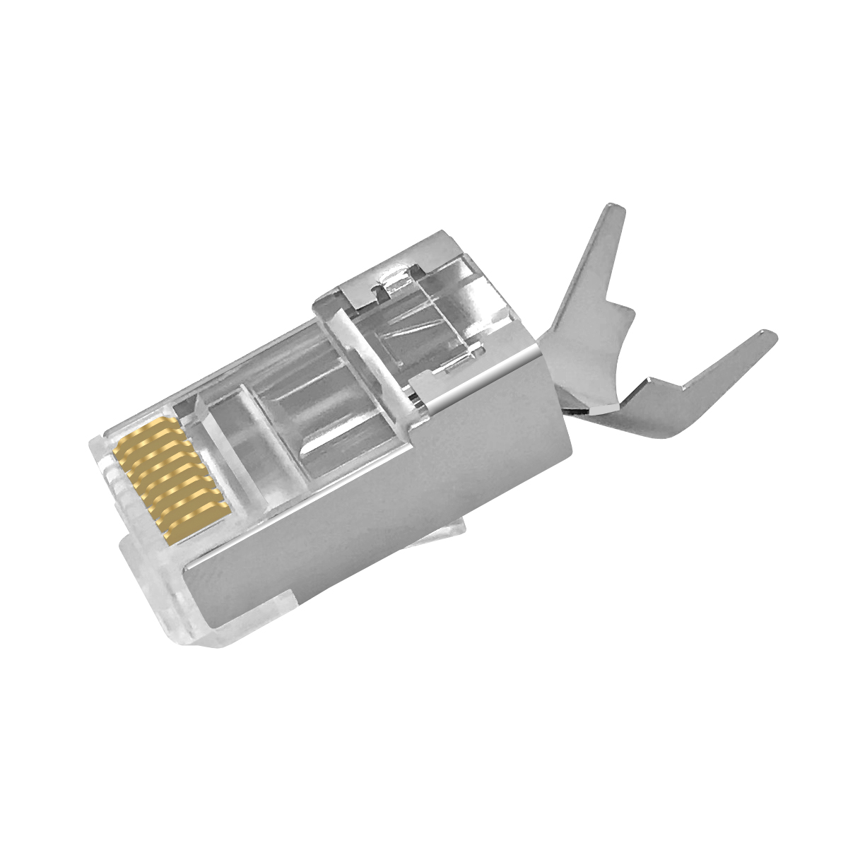 Ein klarer RJ45-Stecker mit Goldstiften, abgewinkelt mit zwei Zinken. Weißer Hintergrund.