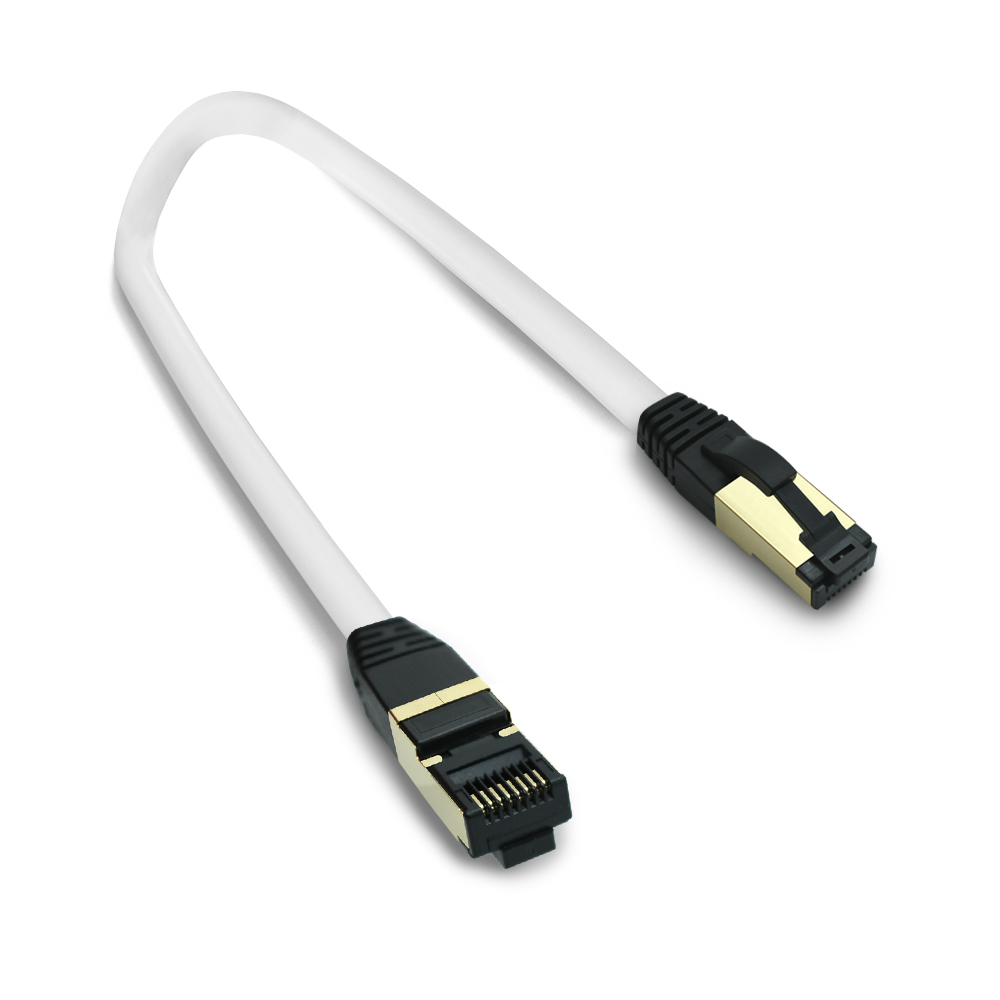 Weißes Ethernet-Kabel mit schwarzen und goldenen Steckern.