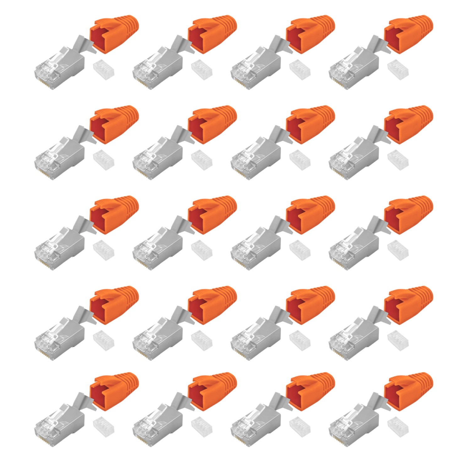 Eine Reihe von RJ45-Anschlüssen, orangefarbenen Kappen, silbernen Steckern, weißem Hintergrund.