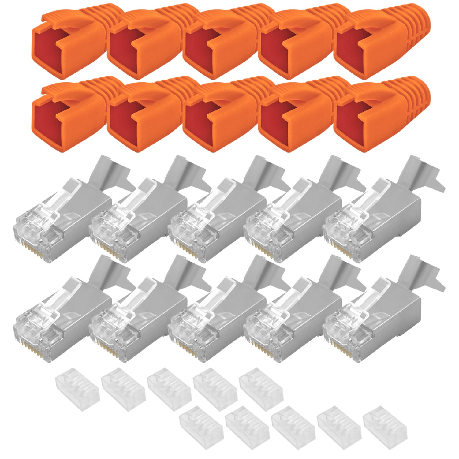 Orange und silberfarbene Netzwerkanschlüsse. Die orangenen Anschlüsse sind oben.