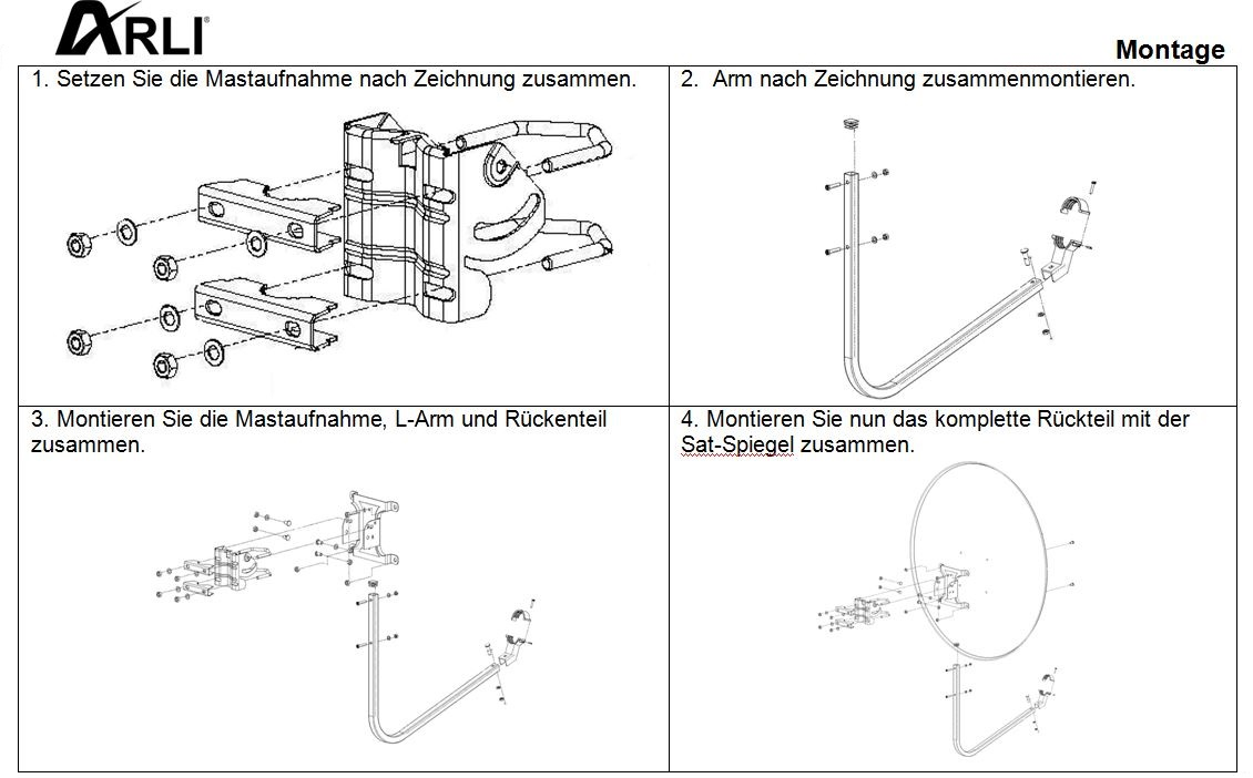 Montageanleitung mit Diagrammen. Die Diagramme zeigen Schritte zum Zusammenfügen von Teilen.