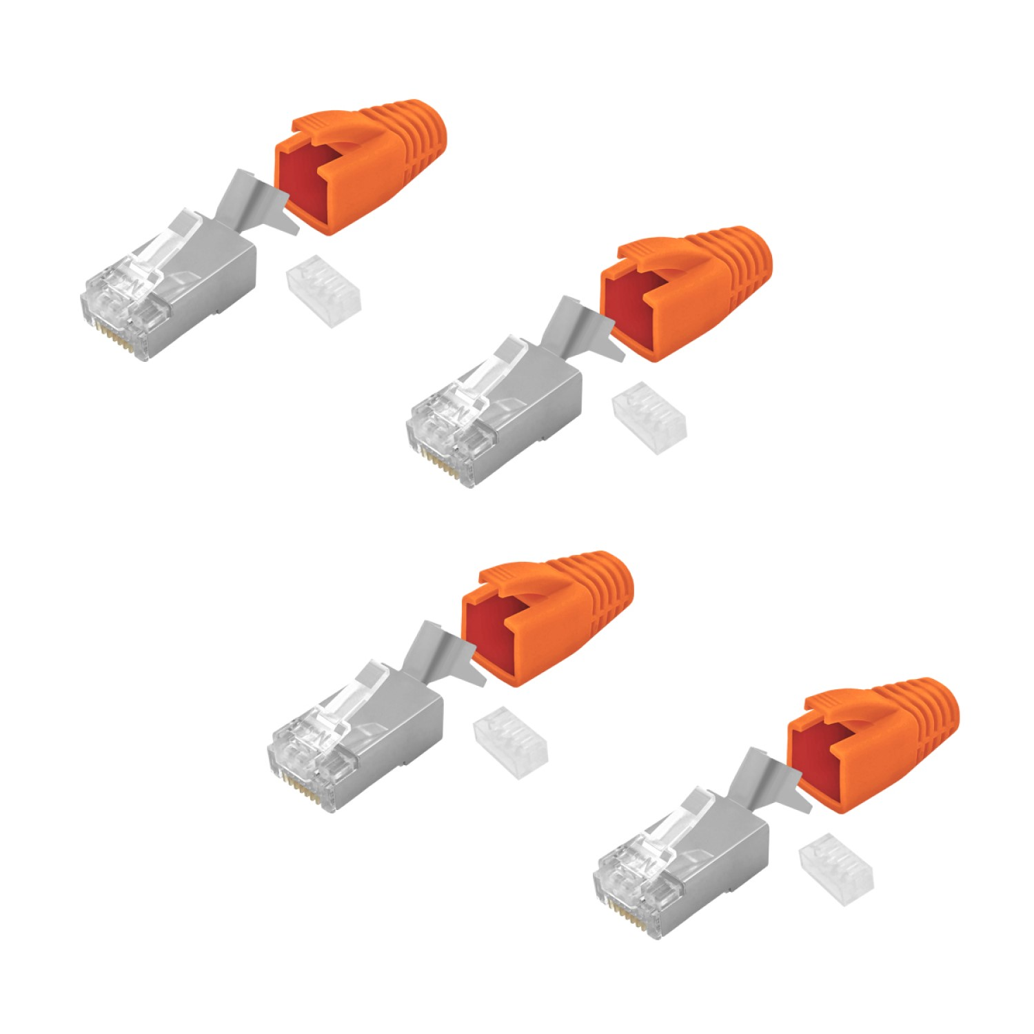 Mehrere RJ45-Stecker, orangefarbene Stiefel, transparente Kunststoffabdeckungen auf weißem Hintergrund.