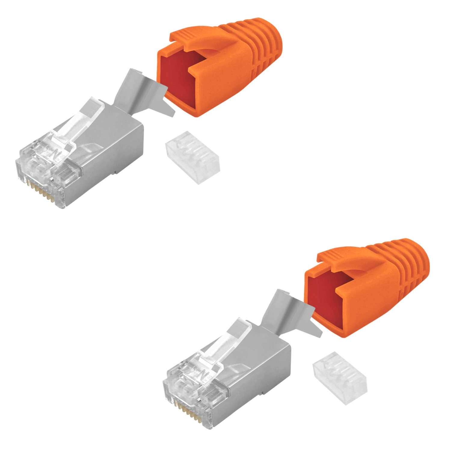 Zwei orange RJ45-Stecker, zerlegt. Silberne und transparente Komponenten sichtbar.