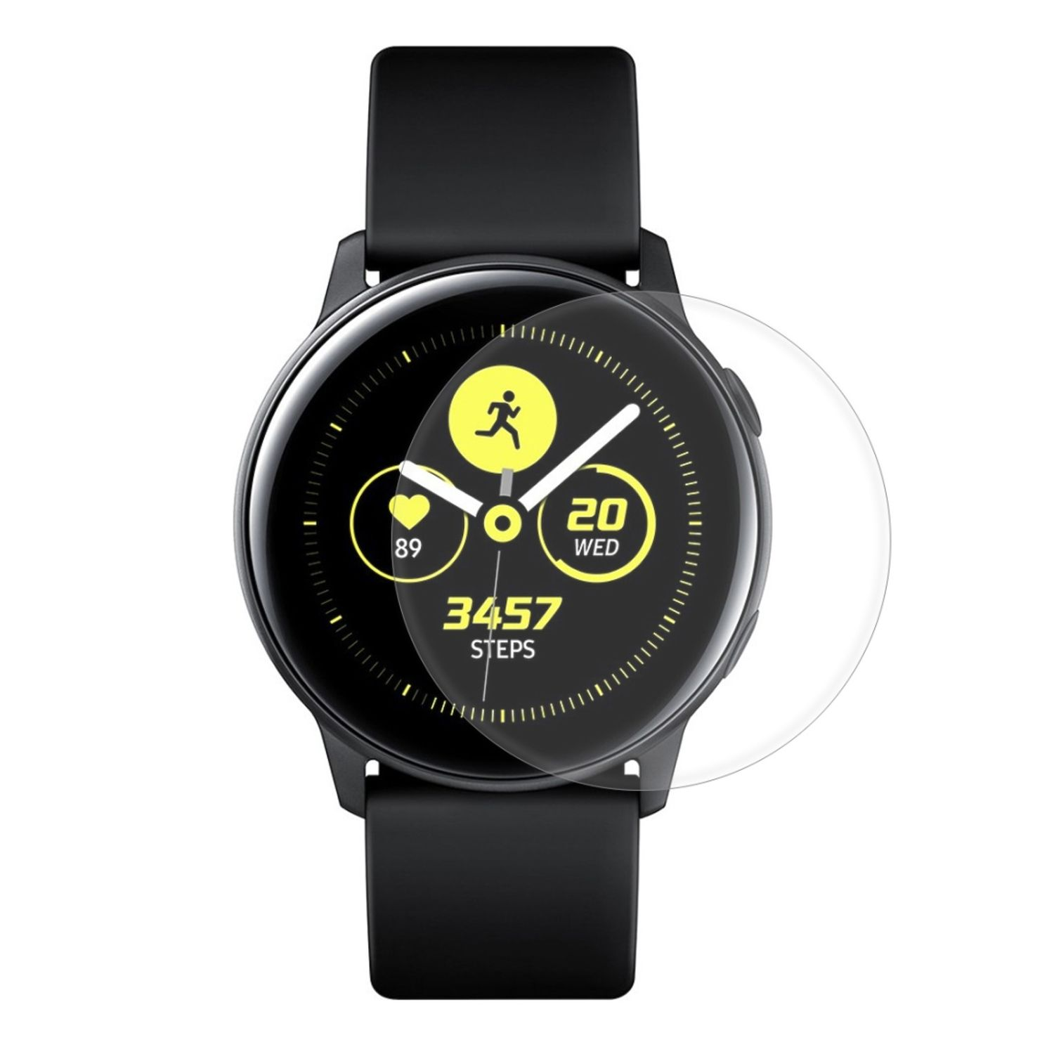 Schwarze Smartwatch mit Displayschutzfolie. Der Bildschirm zeigt Statistiken, Herz und Schritte.