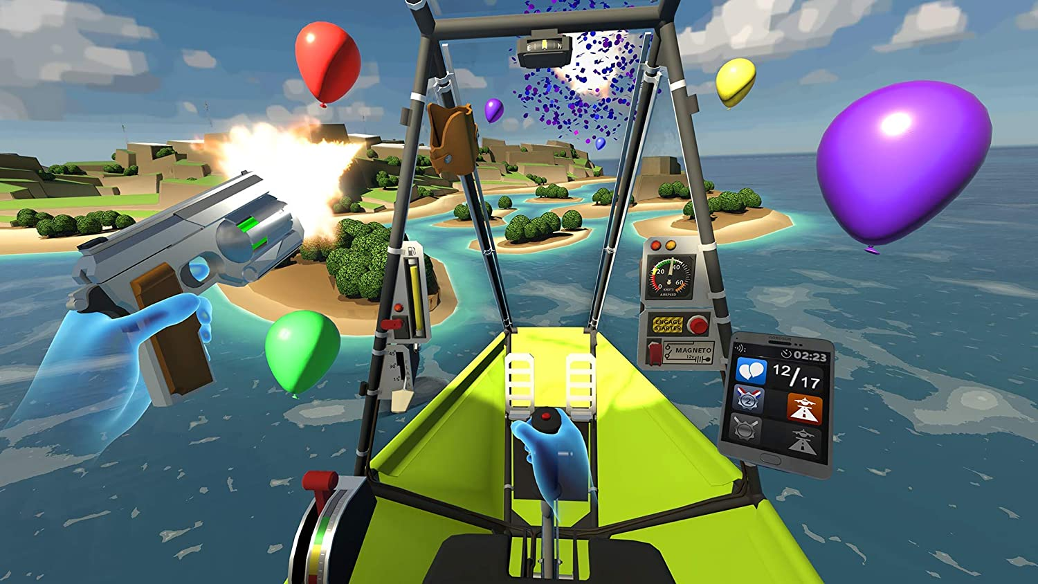 Scena di gioco VR: giocatore in cabina di pilotaggio che spara con una pistola. Palloncini, isole.
