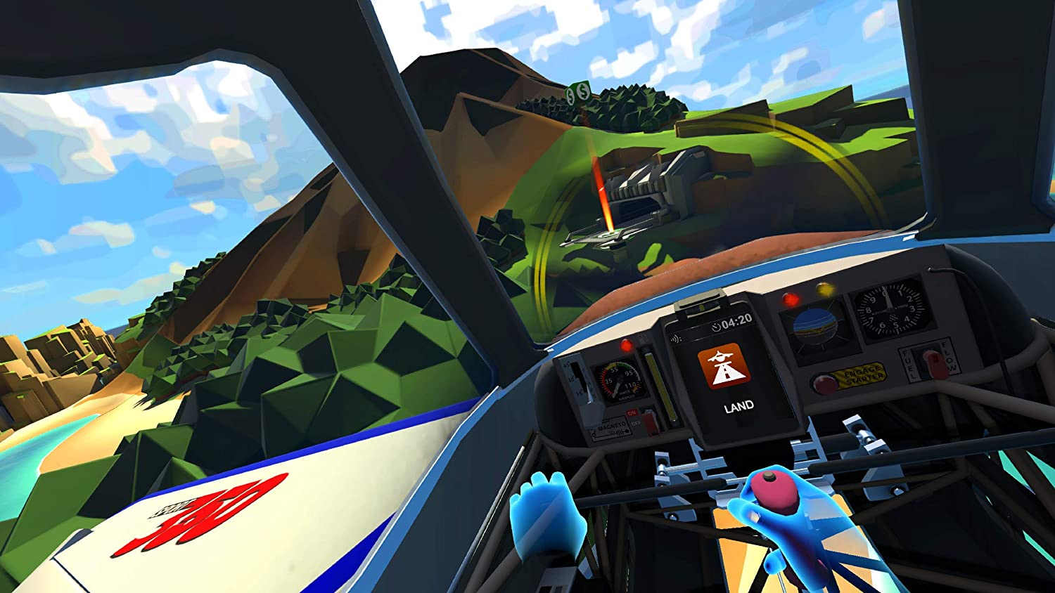 Vista in prima persona di un gioco di realtà virtuale con un aereo che vola sopra un paesaggio.
