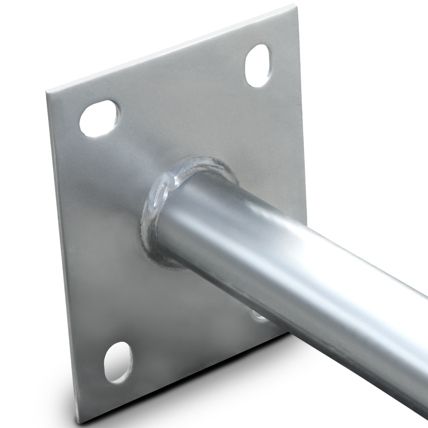 Metallplatte mit Löchern, an Metallrohr geschweißt. Weißer Hintergrund.