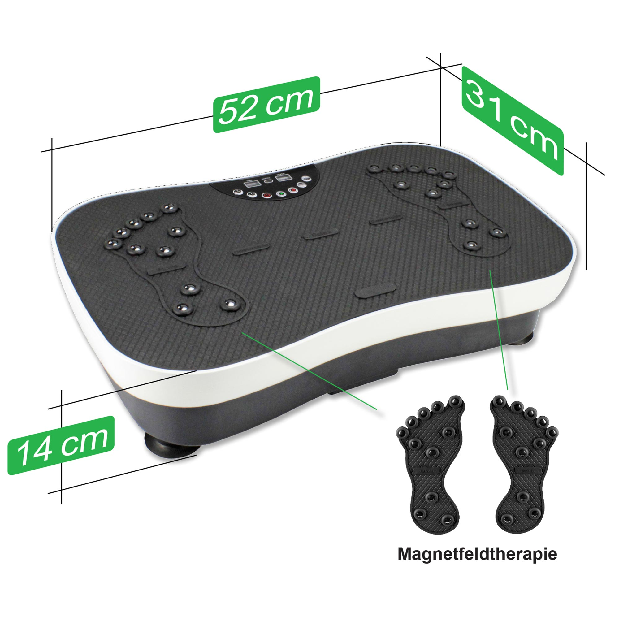 Vibrationsmaschine mit Fußablagebereichen, Abmessungen in cm angegeben, Text 'Magnetfeldtherapie'.