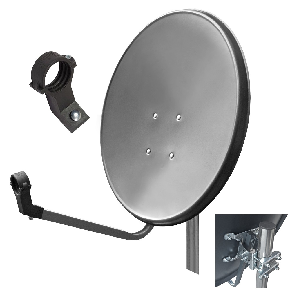 Silberne Satellitenschüssel mit Befestigungsmaterial. Die Schüssel ist mit einem Arm verbunden.