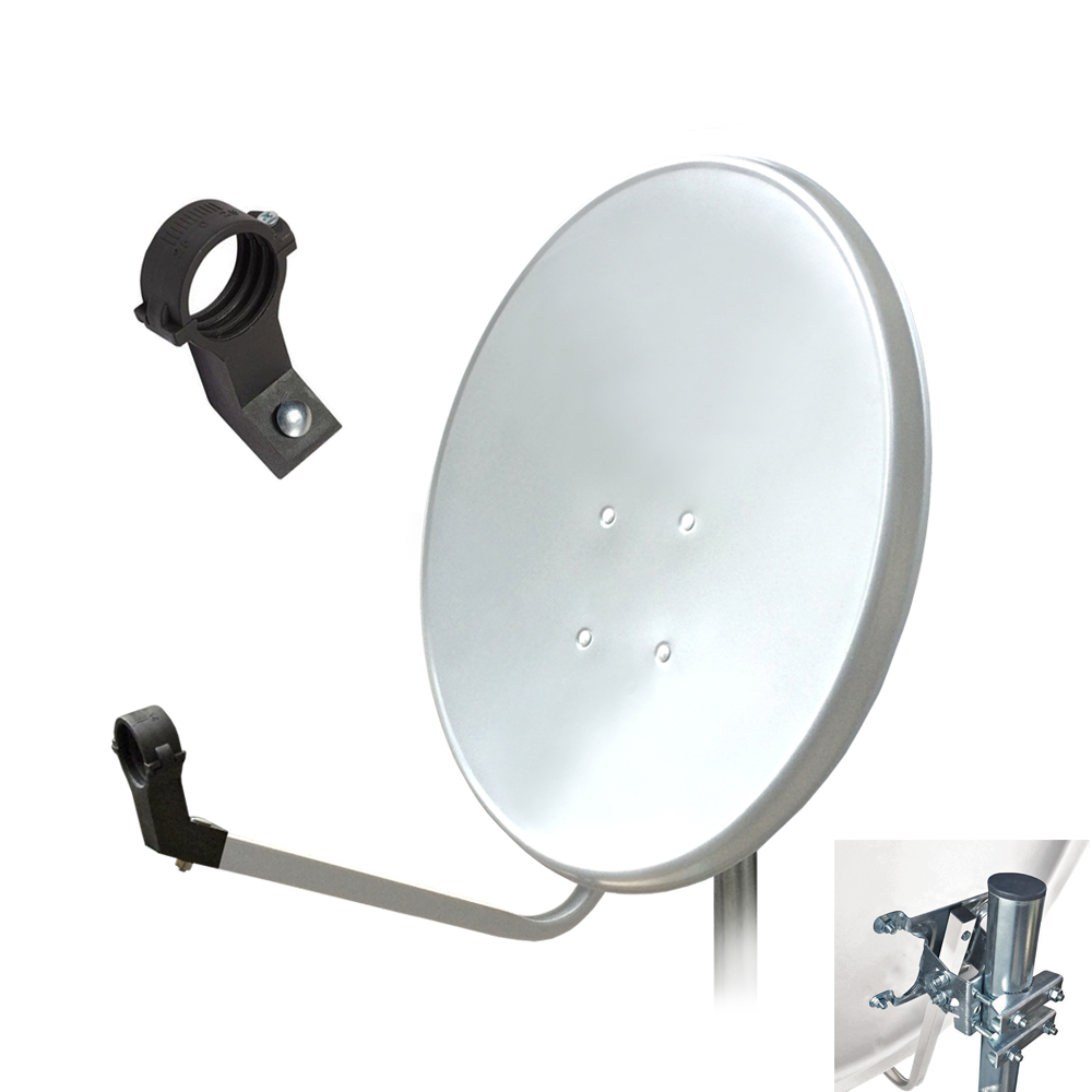Satellitenschüssel mit Montagezubehör. Es gibt drei zusätzliche Hardwareteile.
