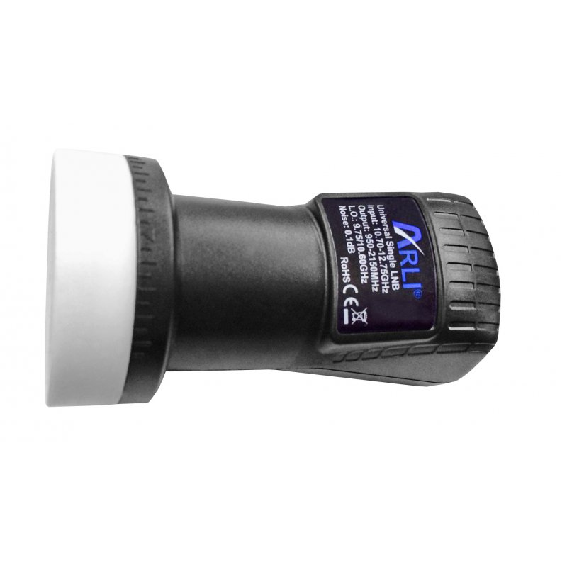 Schwarzer LNB mit dem Text 'ARLI' und anderen Spezifikationen. LNB wird für den Satellitenempfang verwendet.