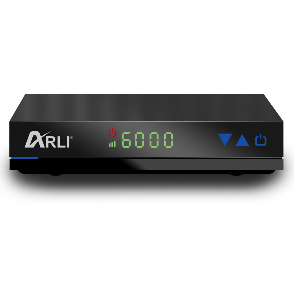 Schwarze Set-Top-Box mit Anzeige '6000'. Arli-Logo. Blaue und grüne Lichter, weißer Hintergrund.