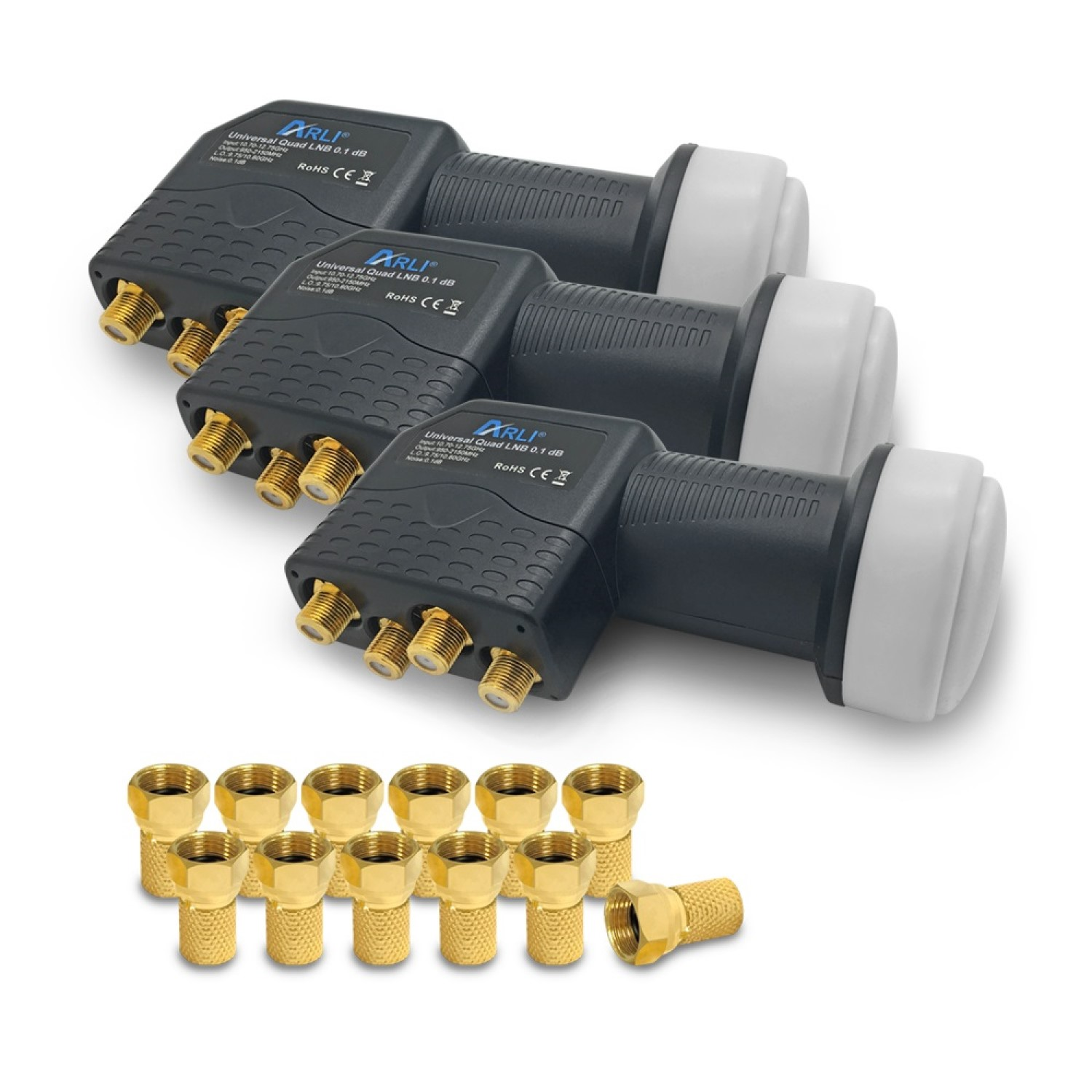Drei LNBs und ein Satz goldener F-Stecker, vor weißem Hintergrund.