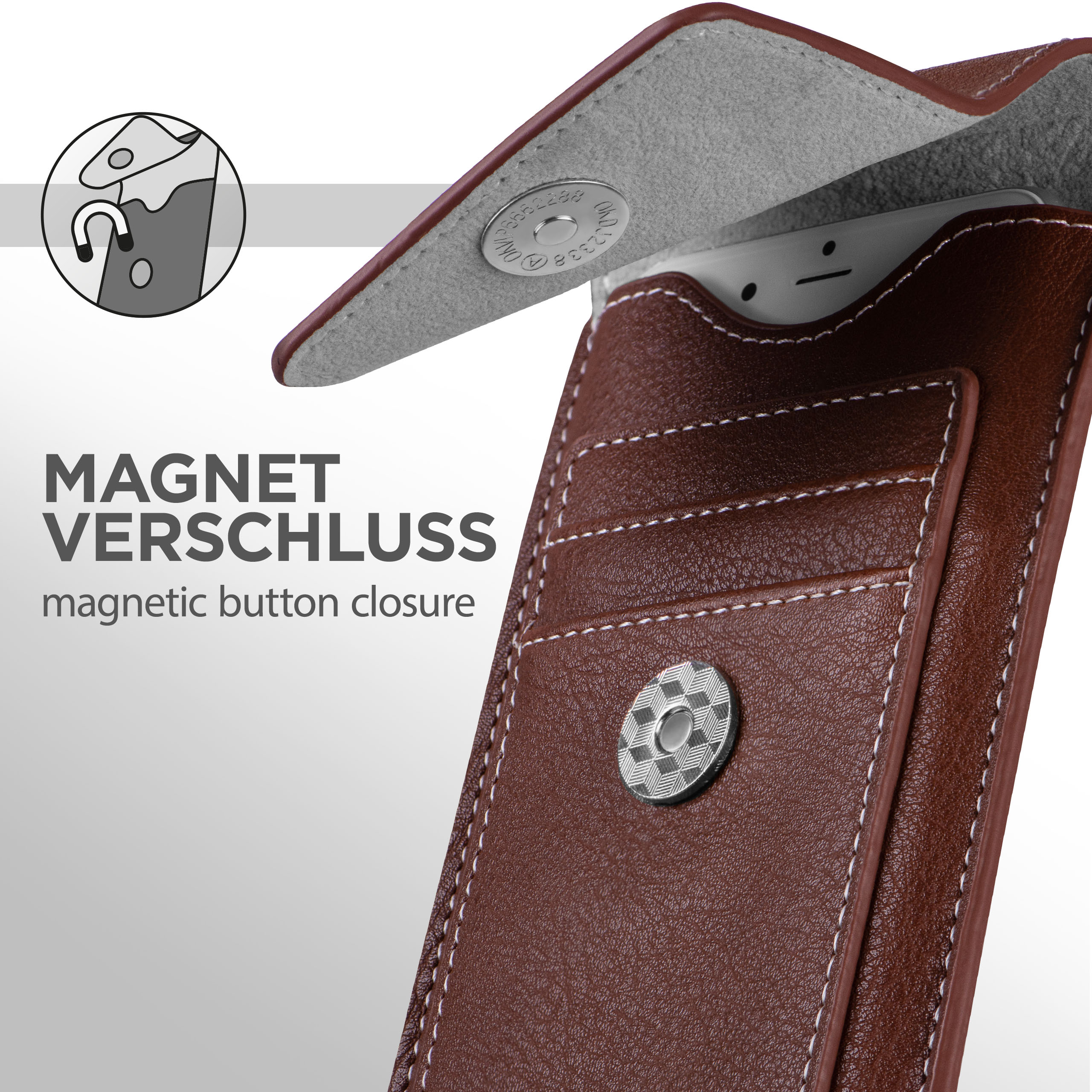 Eine braune Leder-Handyhülle ist geöffnet und zeigt ein Telefon. Ein Magnetverschluss ist sichtbar.