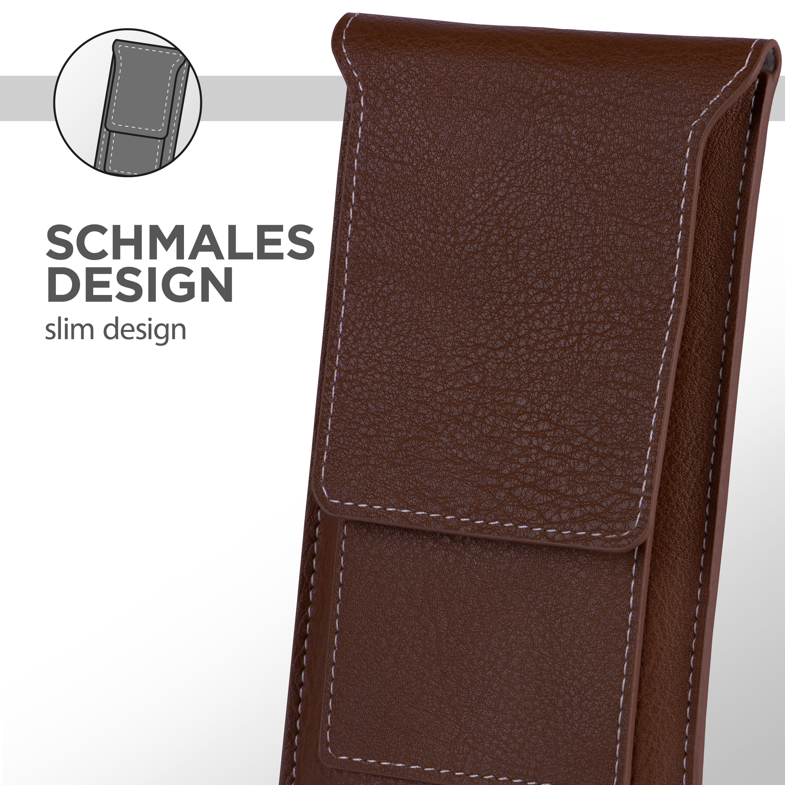 Braune Handyhülle mit schlankem Design und weißen Nähten. Die Hülle hat eine Klappe.