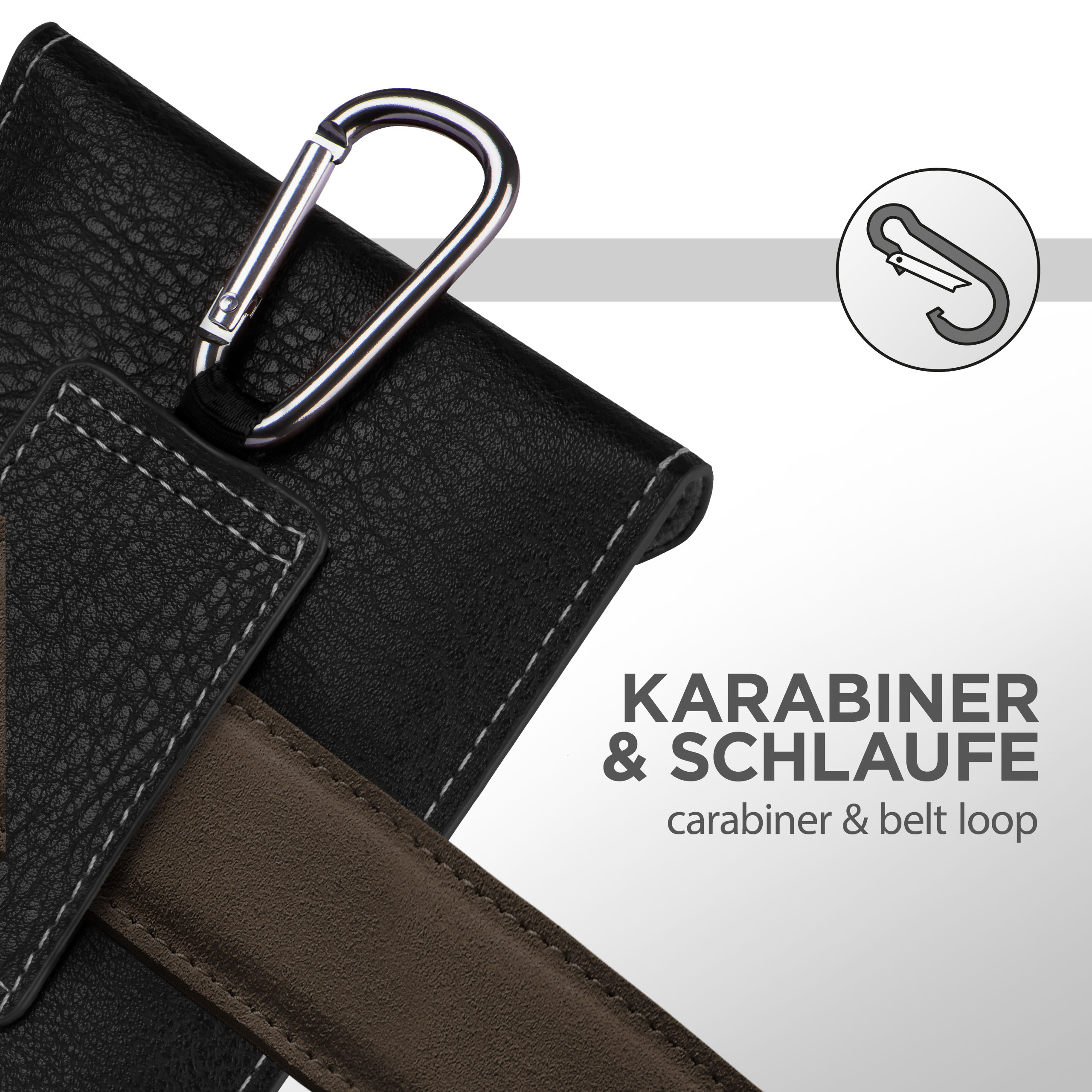 Schwarze Lederhülle mit Karabiner und Gürtelschlaufe. Der Text 'KARABINER & SCHLAUFE' ist sichtbar.