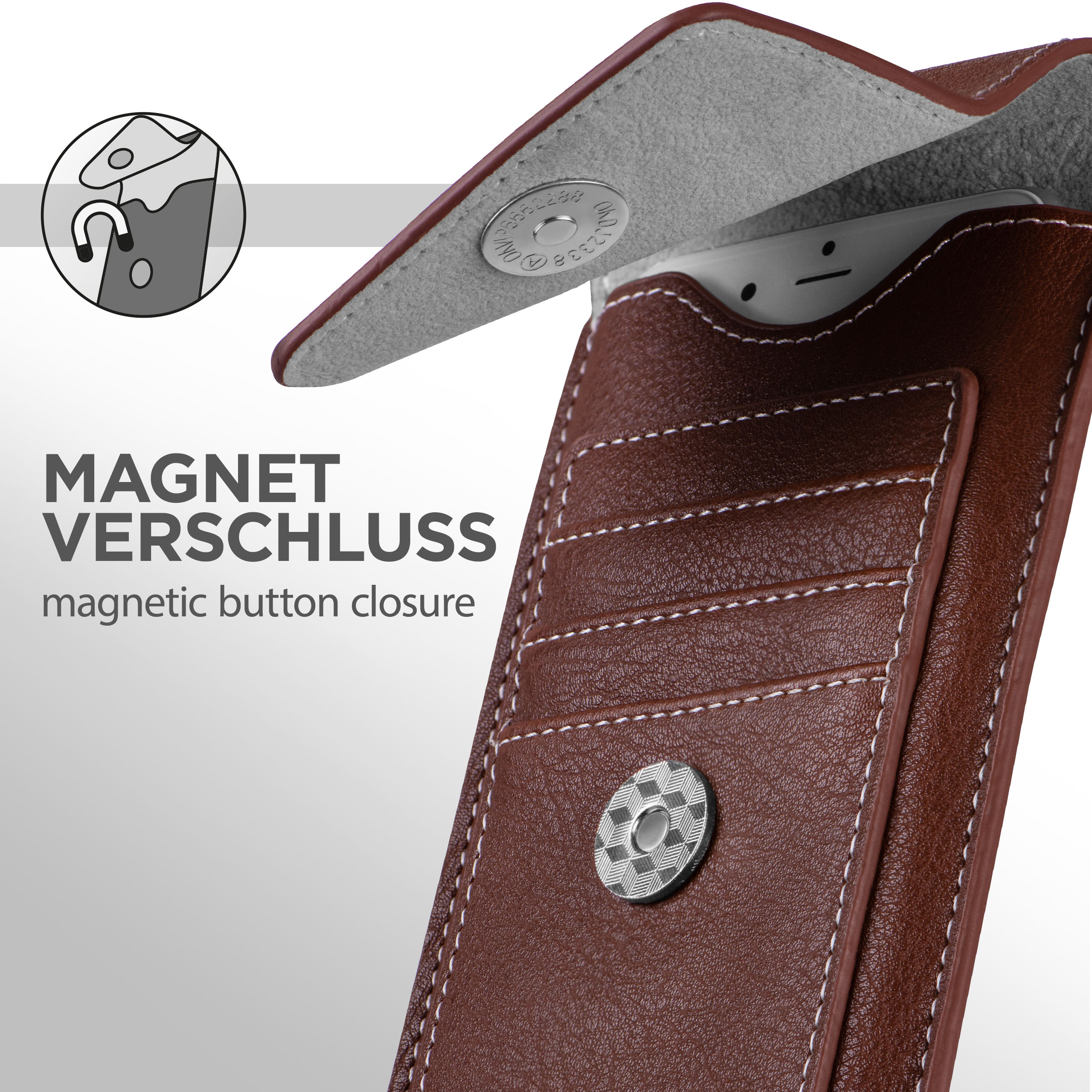 Braune Handyhülle mit Magnetverschluss. Text: Magnetverschluss.