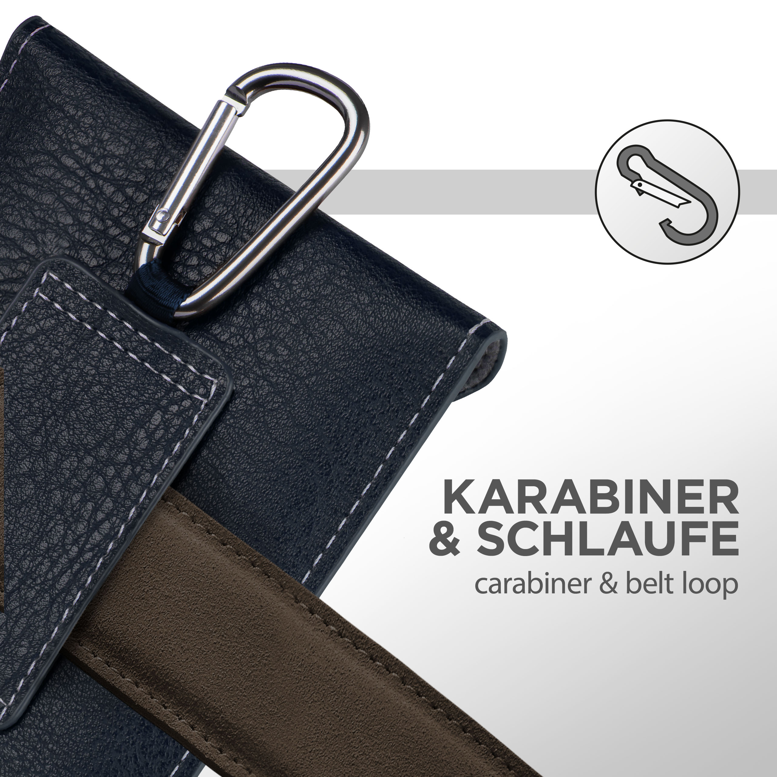 Blaue Handyhülle mit Karabiner. Eine braune Gürtelschlaufe ist sichtbar. Weiße Nähte sind vorhanden.