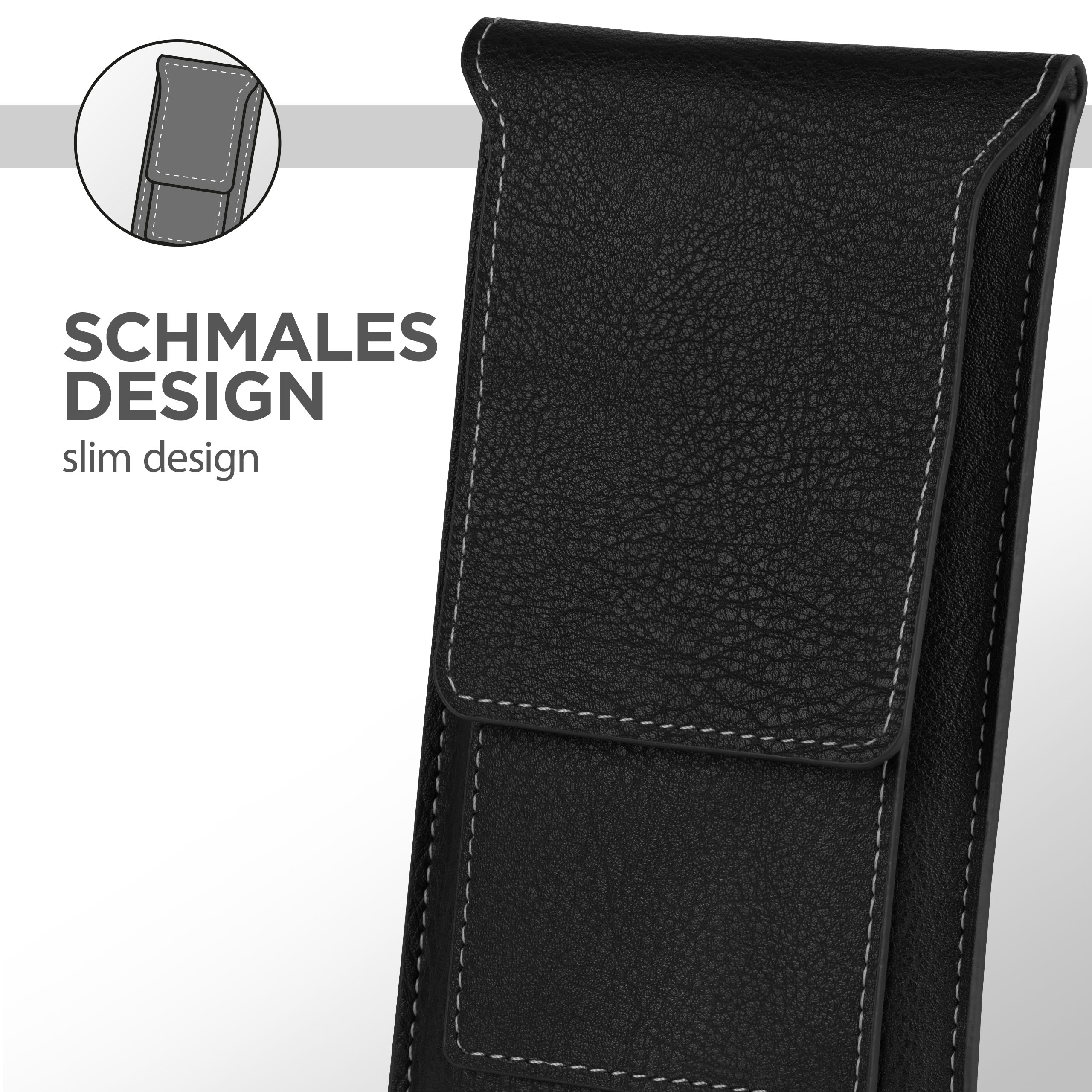 Eine schwarze Handyhülle mit weißen Nähten. Der Text "SCHMALES DESIGN schlankes Design" steht links.