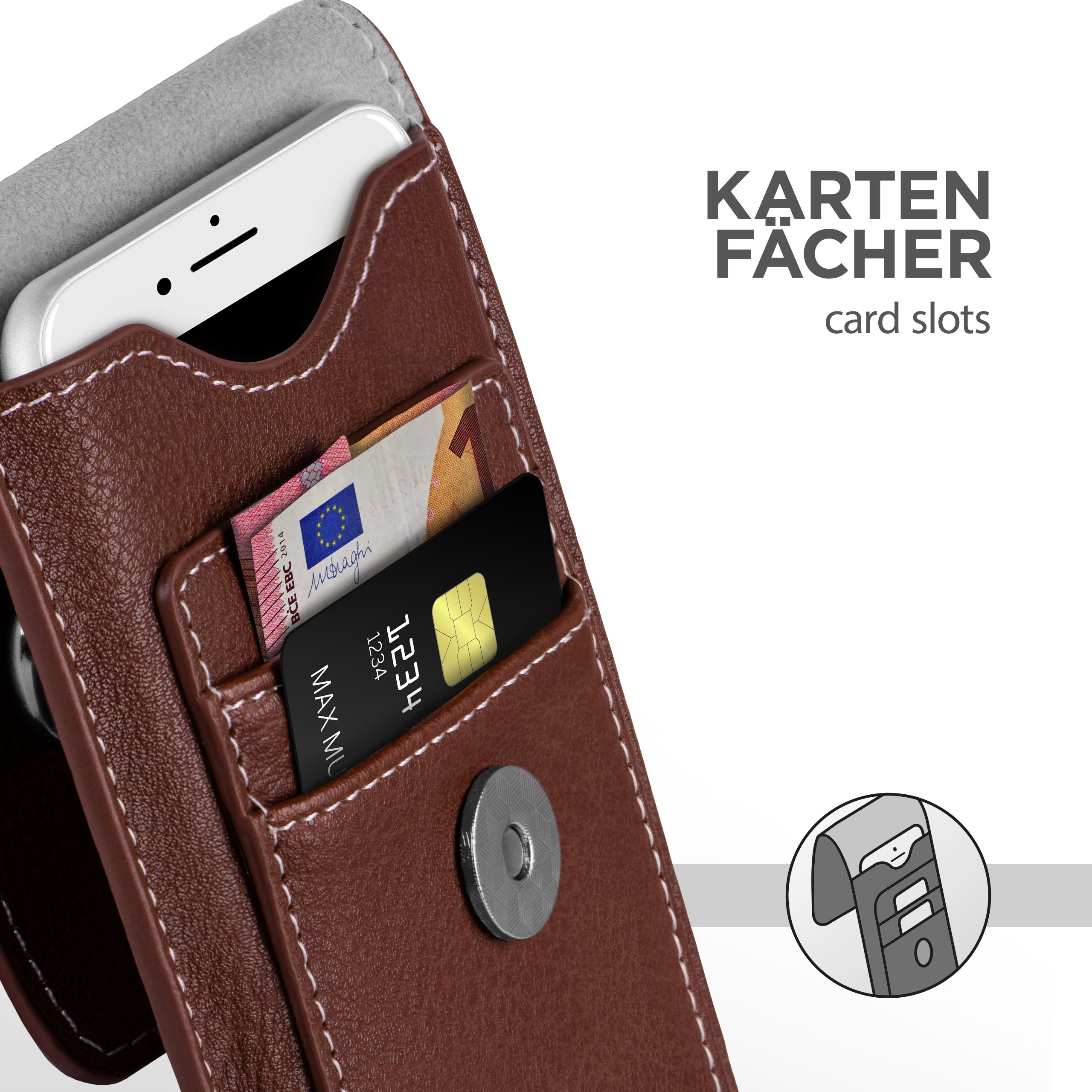 Braune Leder-Handyhülle mit weißem Telefon. Kartenschlitze mit Karten sichtbar.
