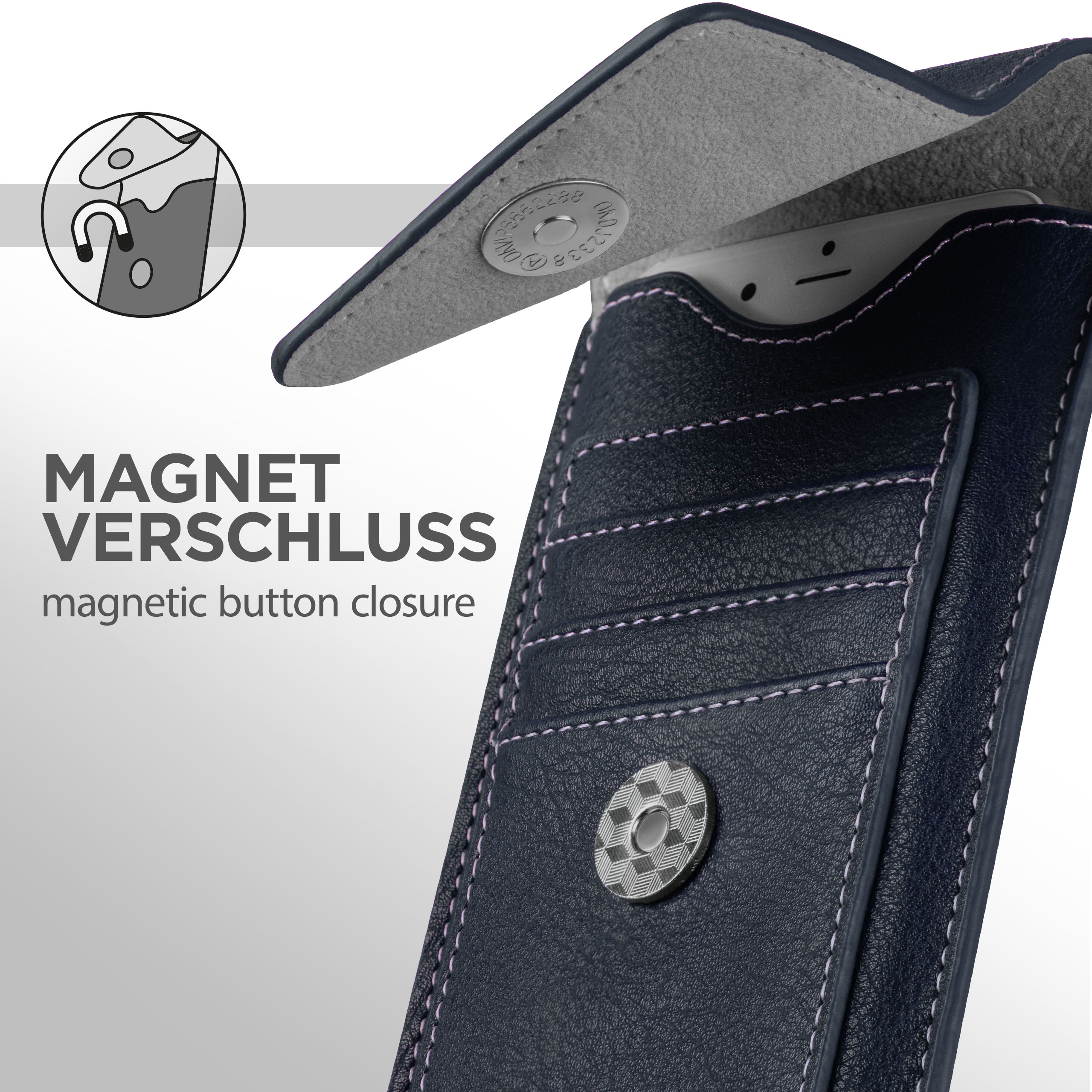 Eine marineblaue Handyhülle mit Magnetverschluss, teilweise geöffnet. Es hat rosa Nähte und ein Telefon im Inneren.