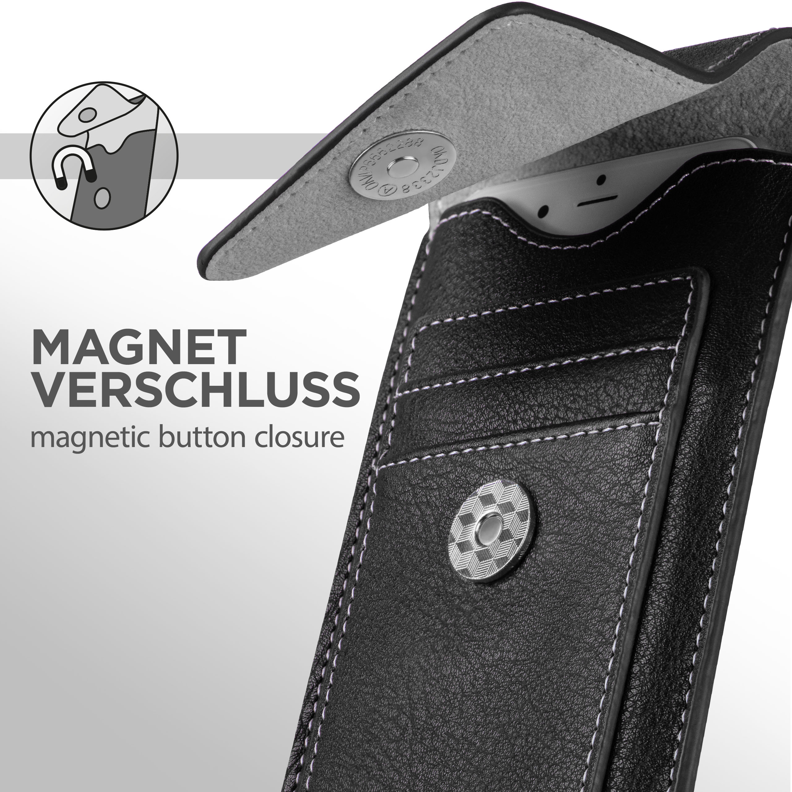 Nahaufnahme einer schwarzen Leder-Handyhülle mit weißen Nähten und einem silbernen Magnetknopf.