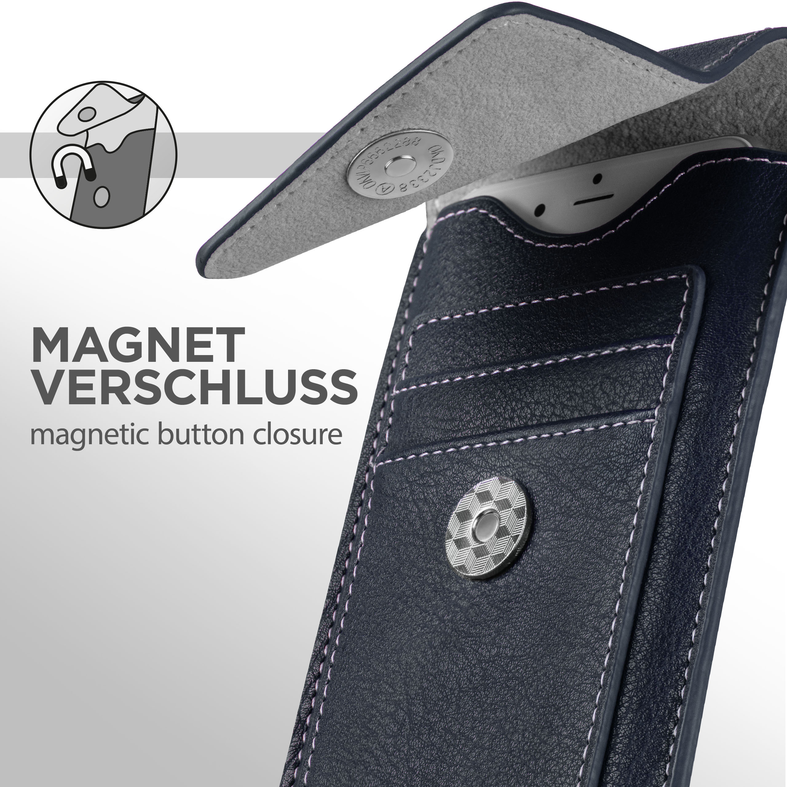 Eine Handyhülle mit Magnetverschluss. Es gibt ein Diagramm, das den Magnetknopfverschluss zeigt.