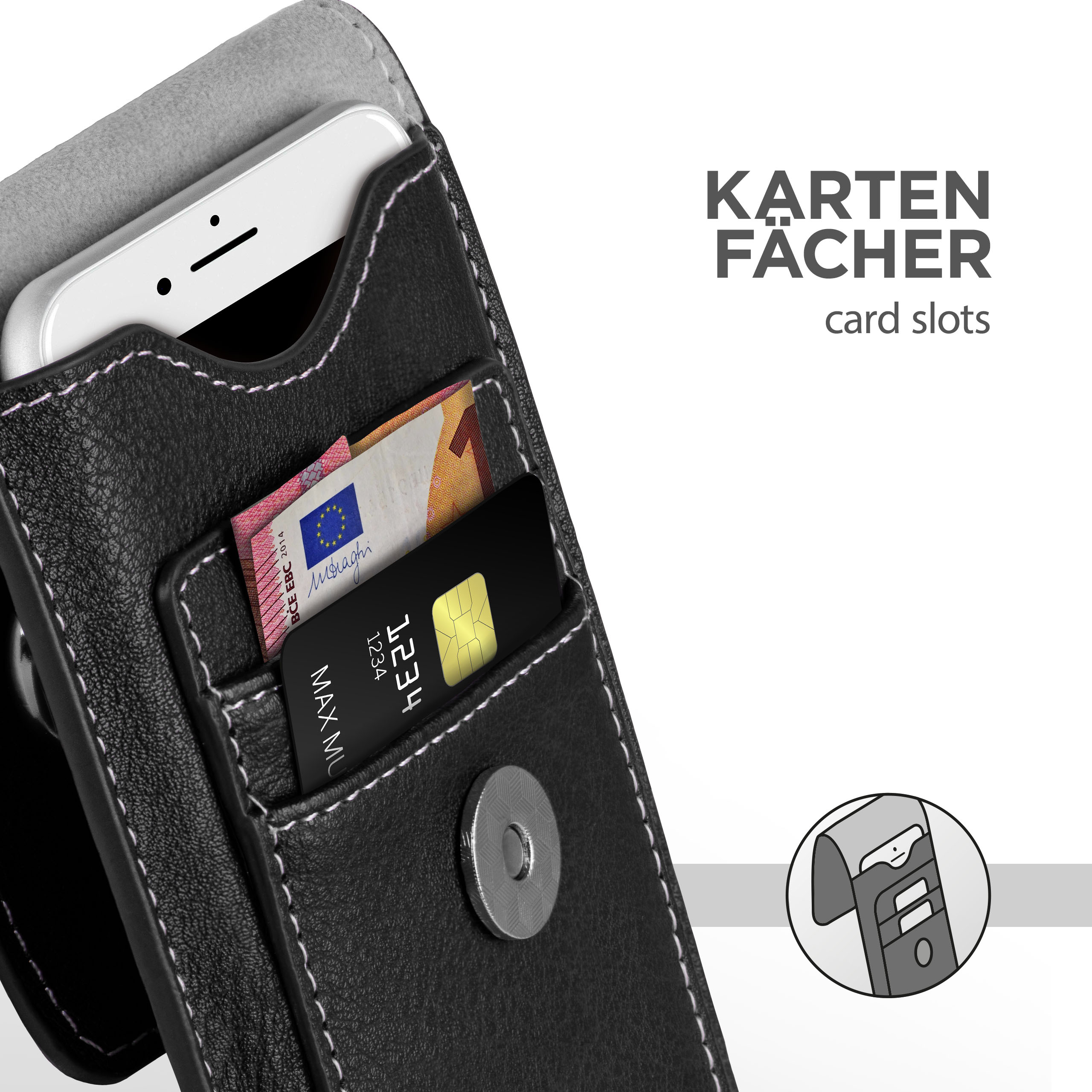 Schwarze Leder-Handyhülle mit Kartenfächern. Ein Telefon befindet sich in der Hülle und zeigt Karten in den Fächern.