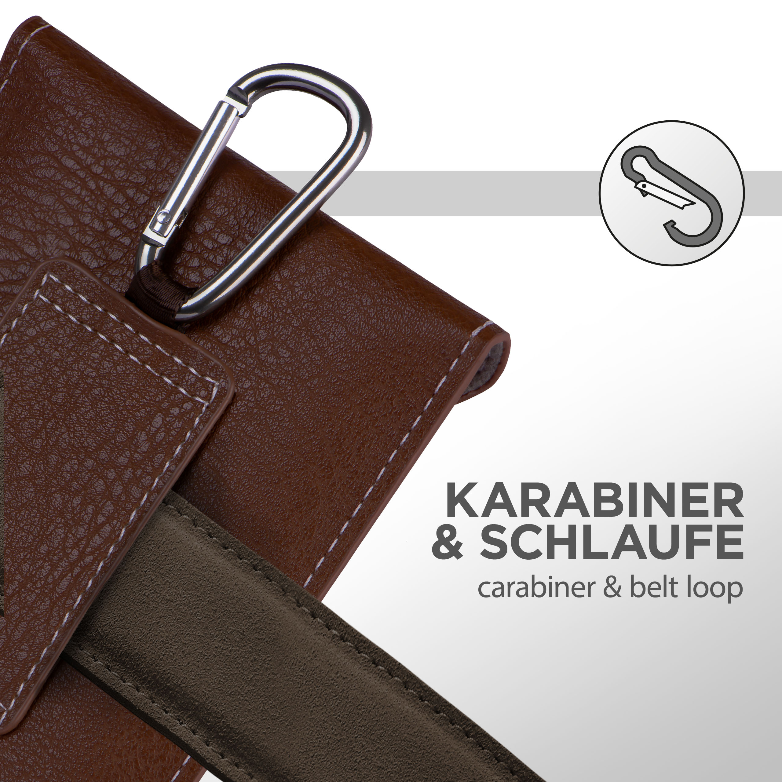 Eine braune Handyhülle mit Karabiner und Gürtelschlaufe, Nahaufnahme.