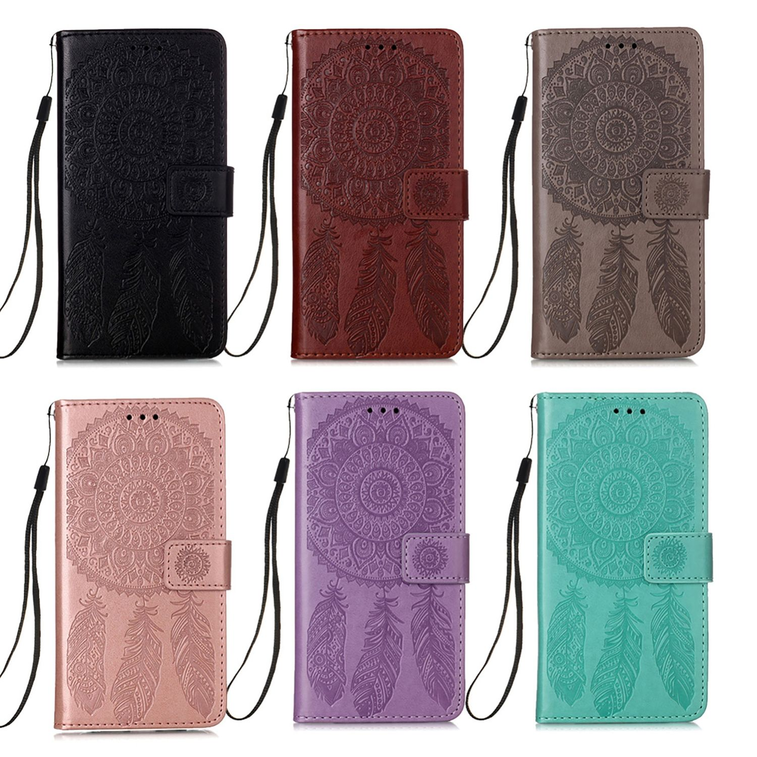 Sechs Handyhüllen mit verschiedenen Mandala- und Federdesigns.