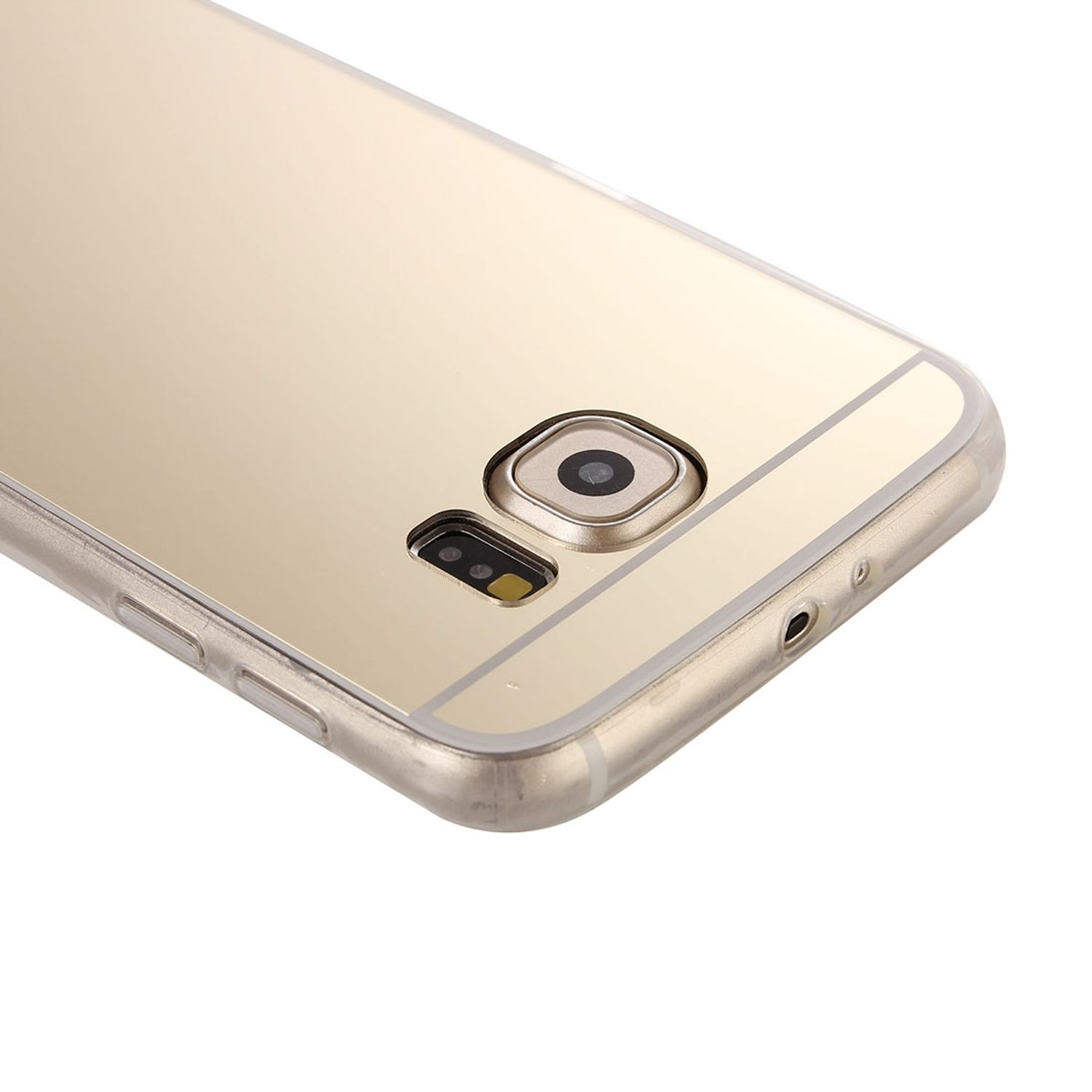 Eine goldfarbene Telefonrückseite mit Kamera und Anschlüssen, vor weißem Hintergrund.