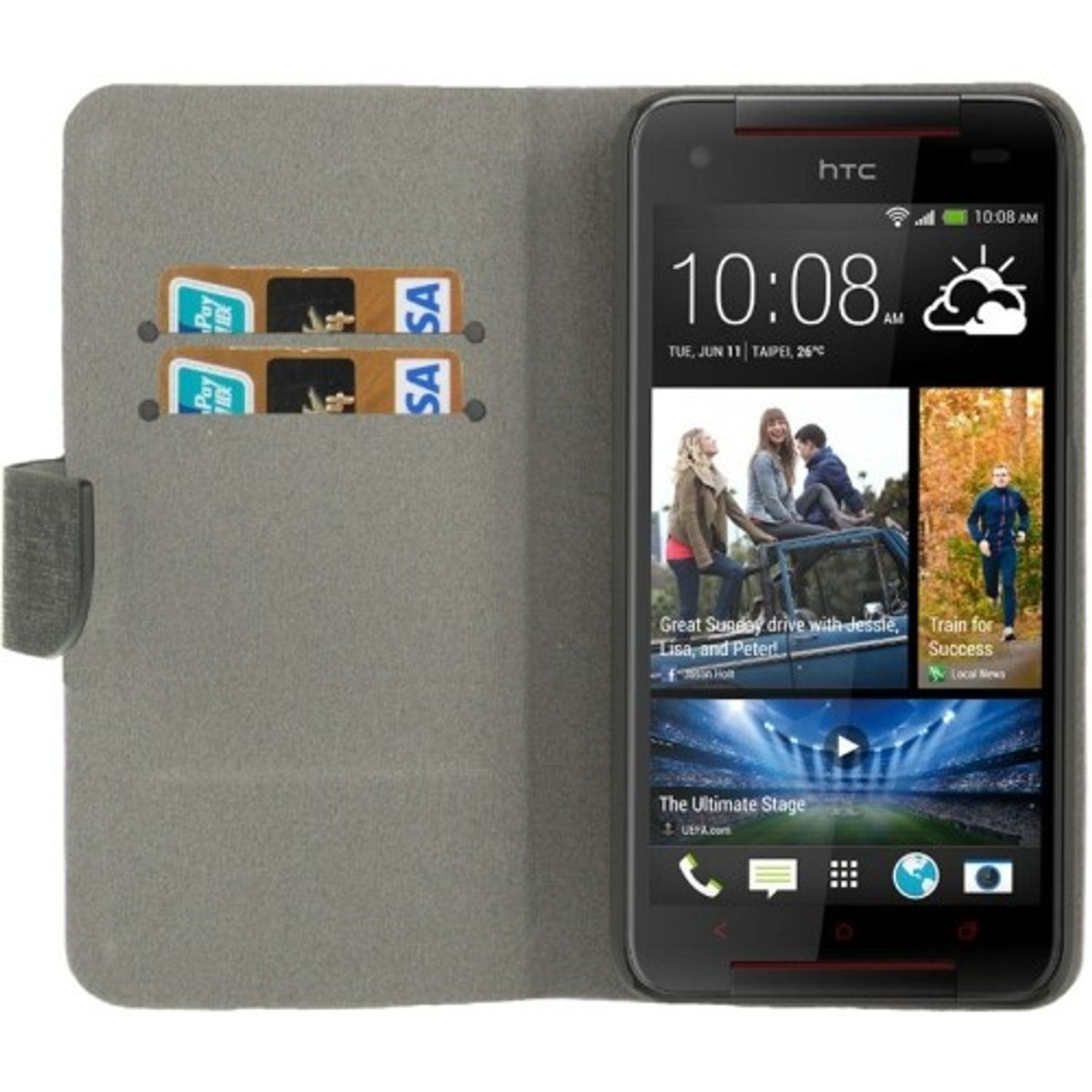 Ein offenes graues Brieftaschentui mit Telefon und Karten. Das Telefon zeigt Zeit und Fotos.