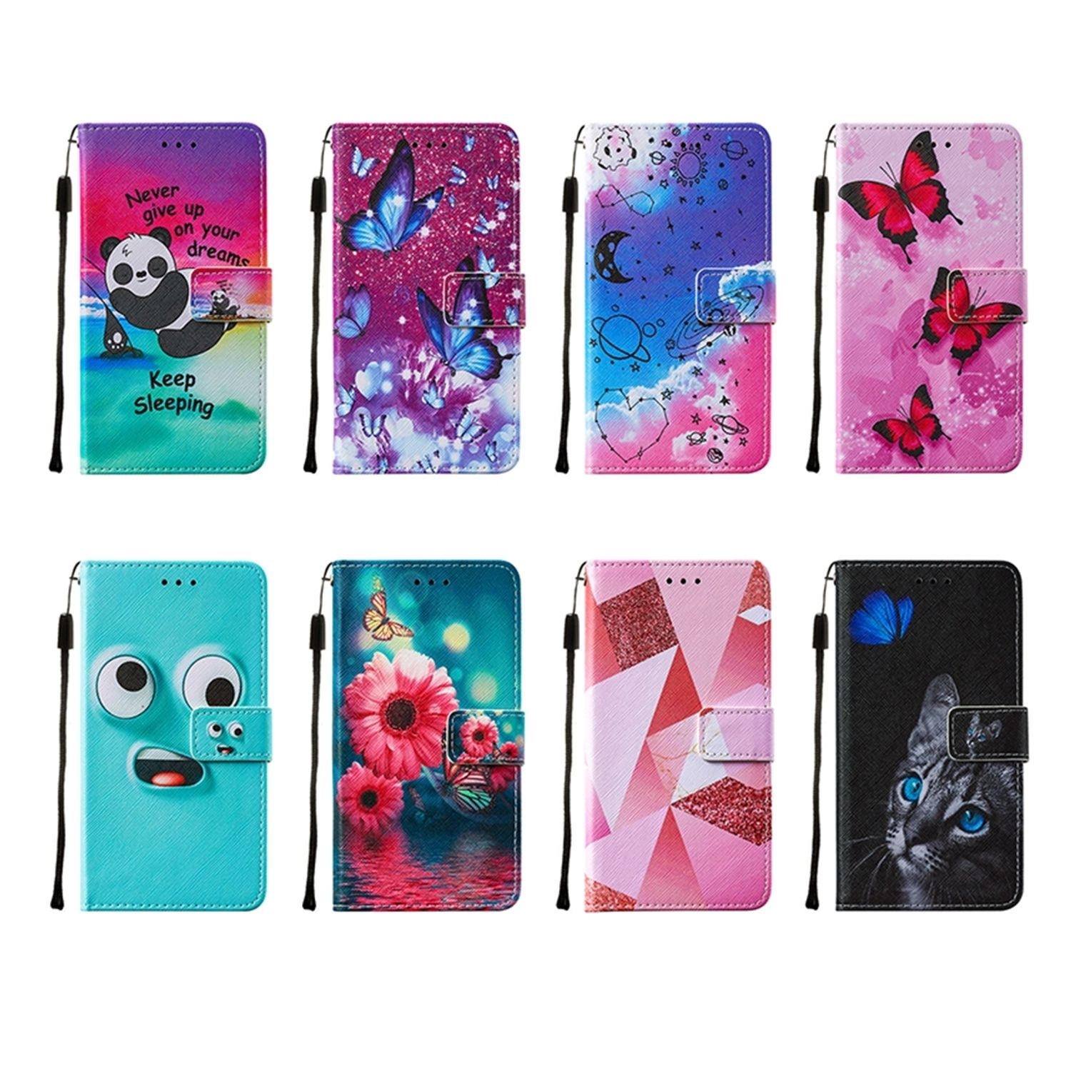 Acht Handyhüllen mit Designs: Panda, Schmetterlinge, Sterne, Blumen, Herzen und eine Katze.