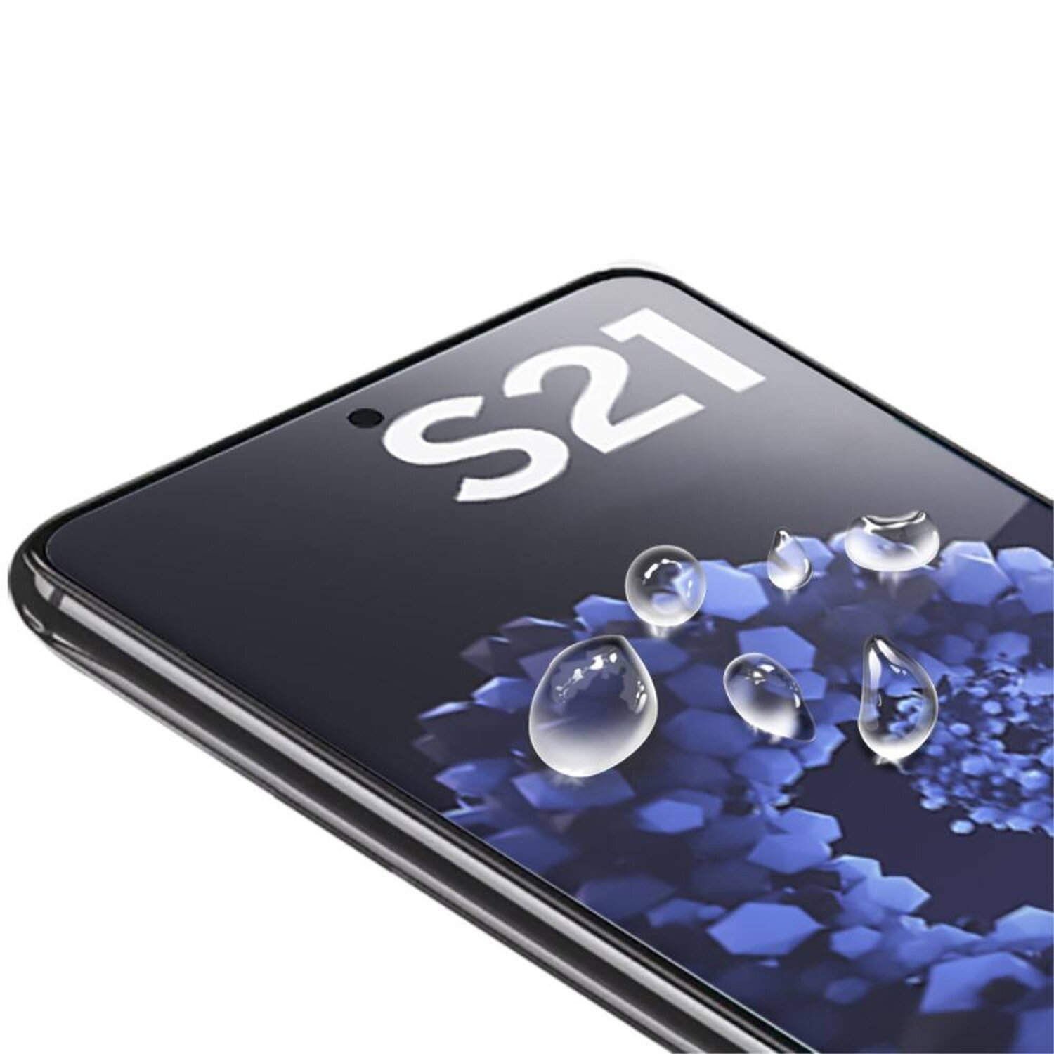 Ein Telefonbildschirm mit Wassertropfen darauf. Text: S21. Hintergrund: blaue Blumen.