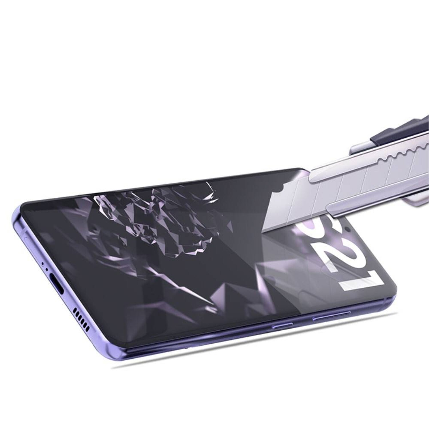 Telefondisplay mit einem Teppichmesser geschnitten, zeigt ein zerbrochenes Design.